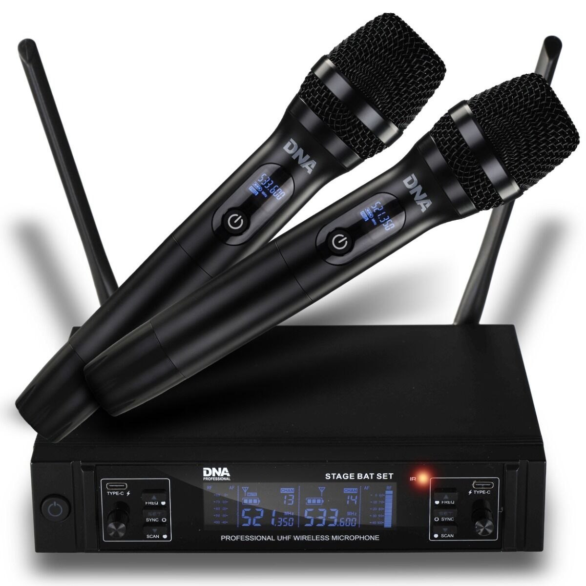 DNA STAGE BAT SET zestaw bezprzewodowy 2x akumulatorowy mikrofon doręczny odbiornik UHF 518-542 MHz 2x48 kanałów 2x wyjście zasilania USB-C