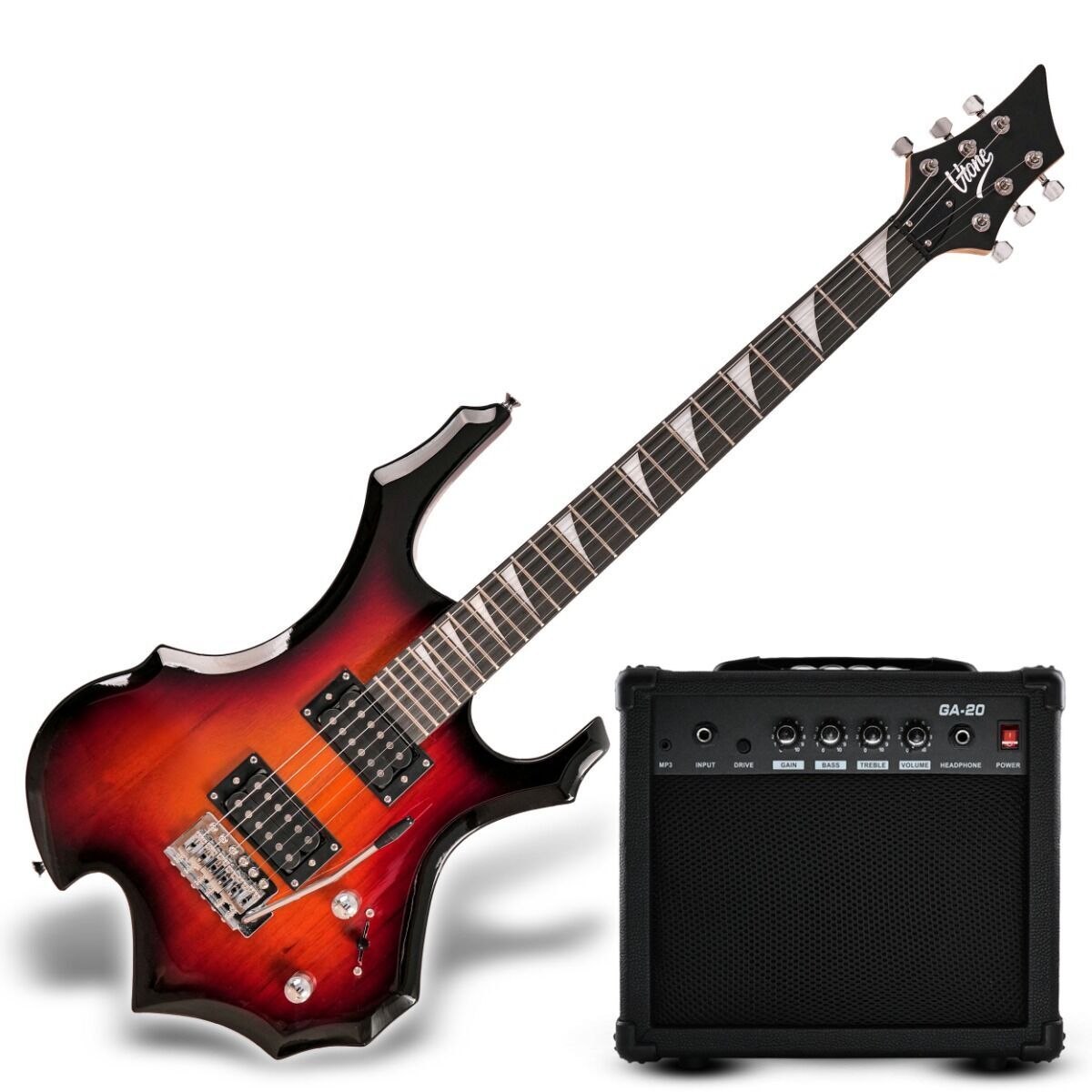 V-TONE EGS 39 SB gitara elektryczna 4/4 sunburst 39" HH wzmacniacz pokrowiec pasek przewód jack-jack tuner kostki do gry struny ramię tremolo klucze imbusowe zestaw