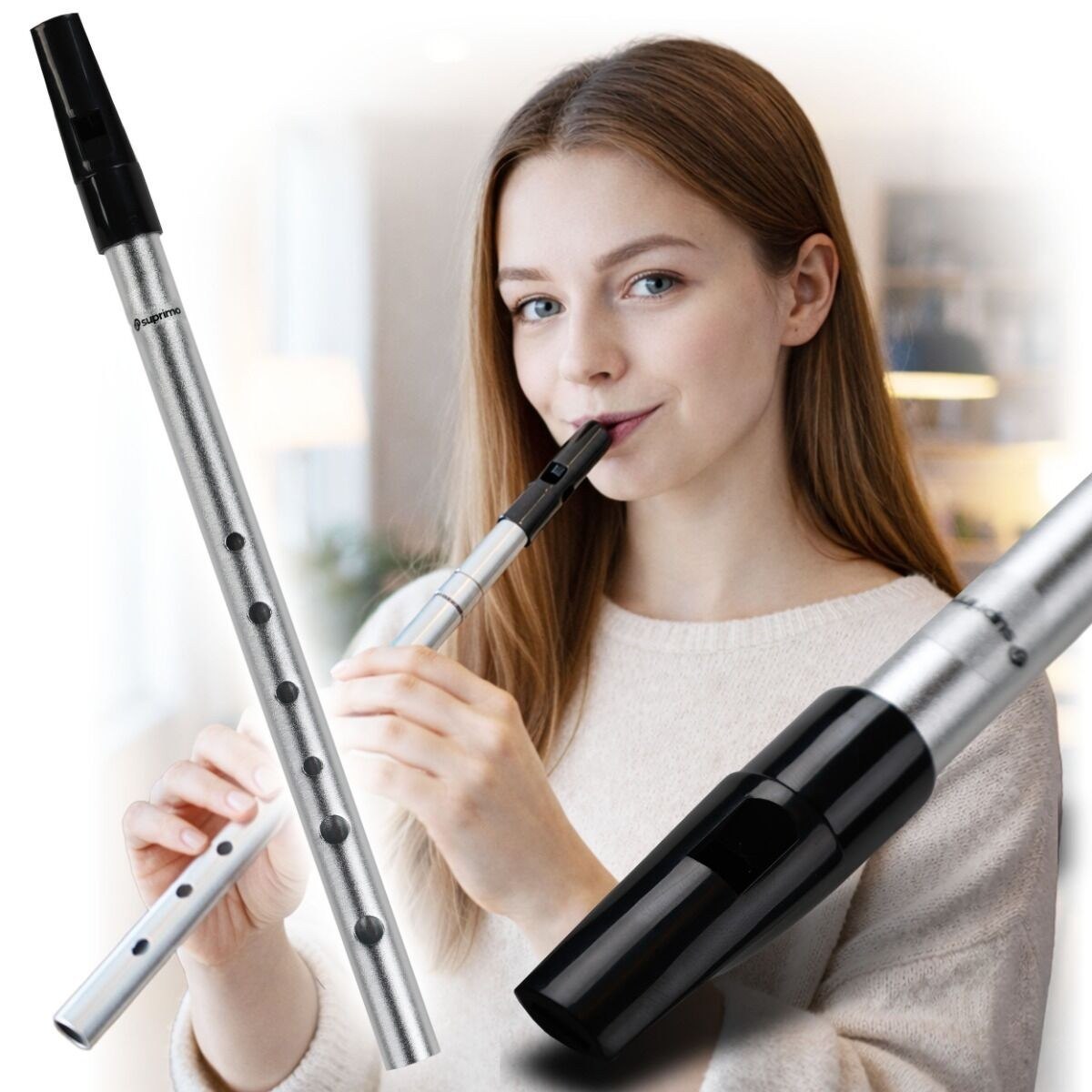 SUPRIMO FLT1 flażolet tin whistle flecik polski srebrny tonacja D osłona ochronna etui książeczka do nauki gry