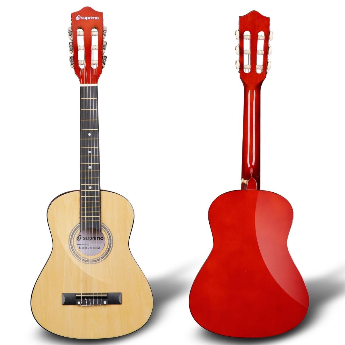 SUPRIMO JRC SET NT gitara klasyczna 1/4 naturalna do nauki dla początkujących 3x kostka do gry pasek zapasowe struny pokrowiec tuner akordy zestaw