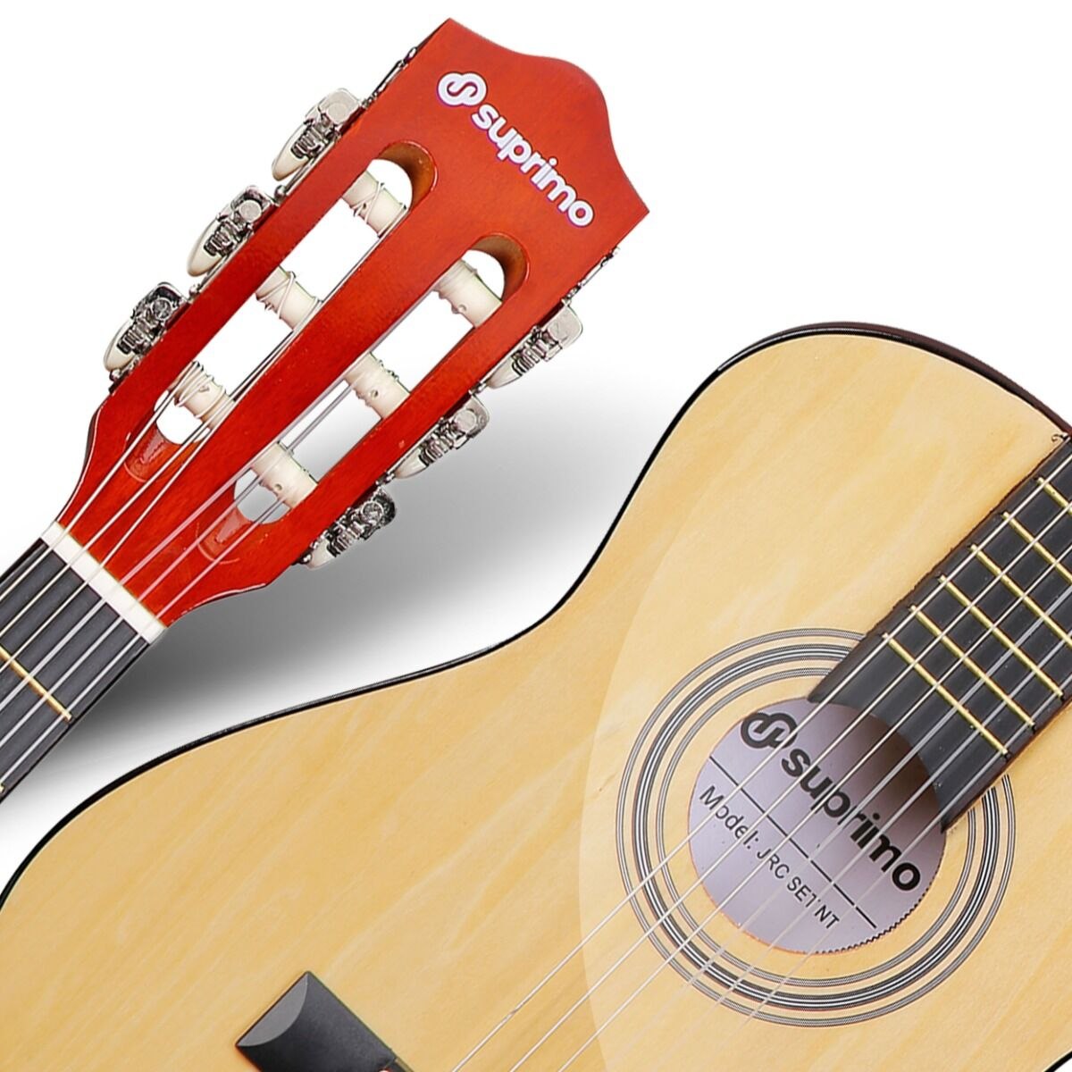 SUPRIMO JRC SET NT gitara klasyczna 1/4 naturalna do nauki dla początkujących 3x kostka do gry pasek zapasowe struny pokrowiec tuner akordy zestaw