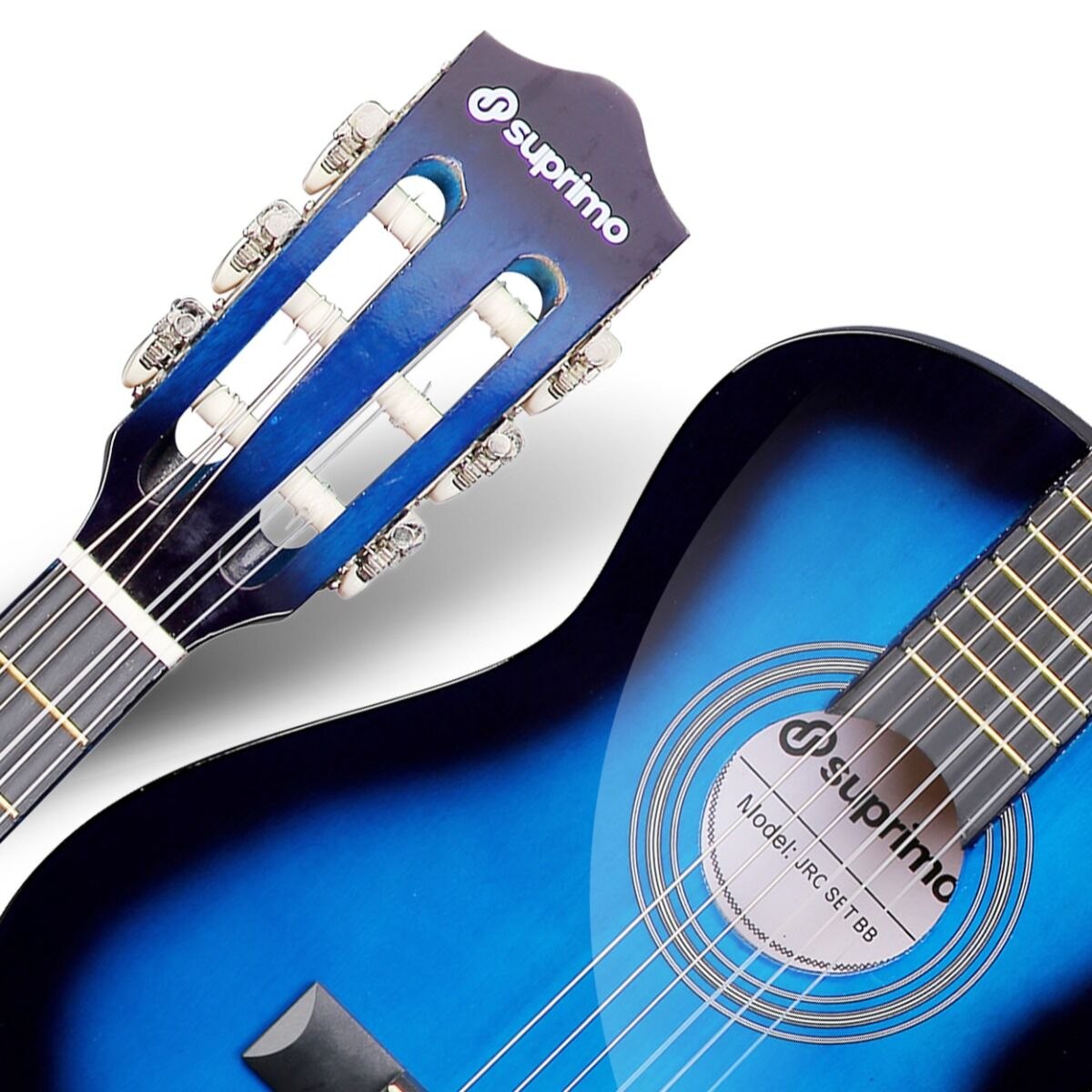 SUPRIMO JRC SET BB gitara klasyczna 1/4 blueburst do nauki dla początkujących 3x kostka do gry pasek zapasowe struny pokrowiec tuner akordy zestaw