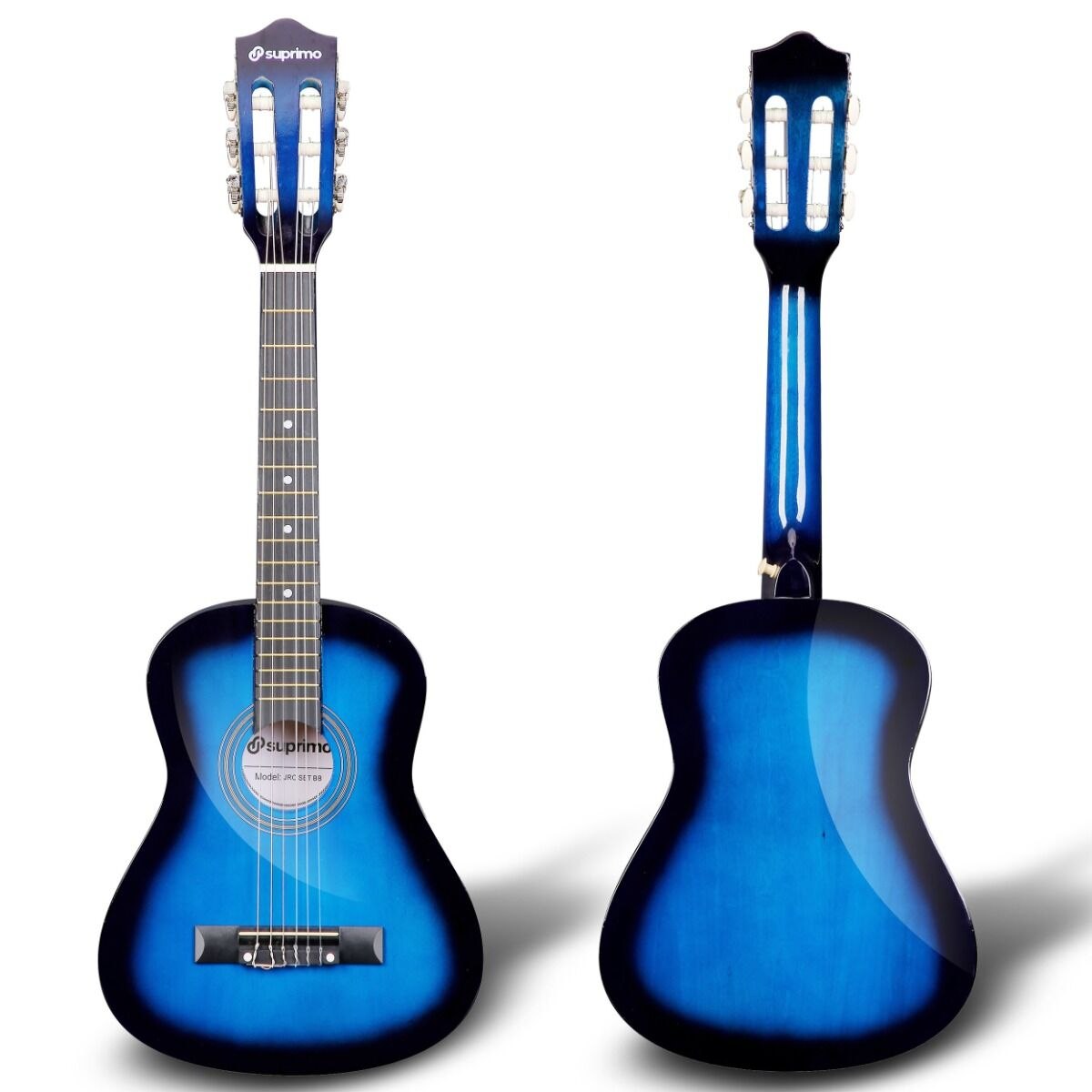 SUPRIMO JRC SET BB gitara klasyczna 1/4 blueburst do nauki dla początkujących 3x kostka do gry pasek zapasowe struny pokrowiec tuner akordy zestaw