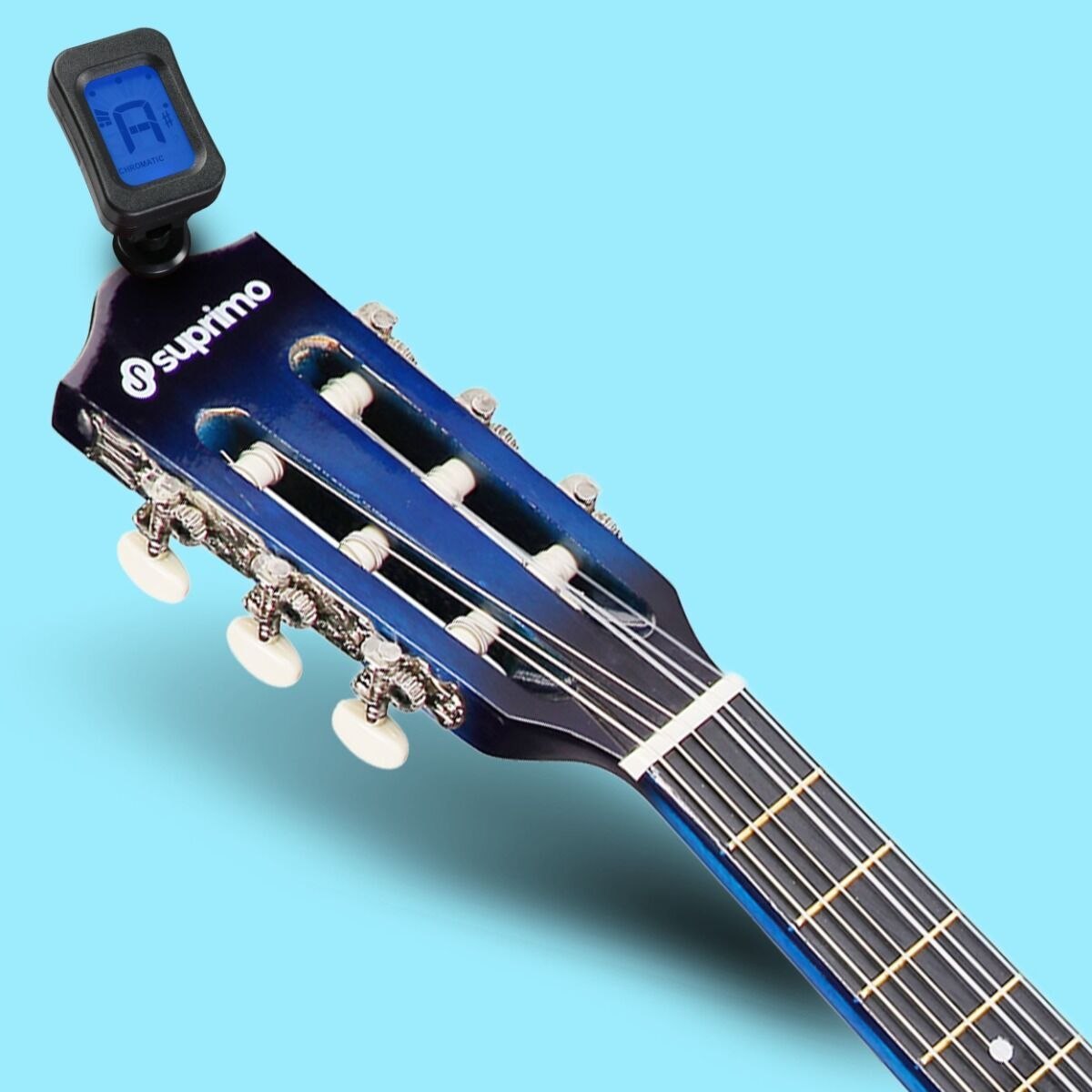 SUPRIMO JRC SET BB gitara klasyczna 1/4 blueburst do nauki dla początkujących 3x kostka do gry pasek zapasowe struny pokrowiec tuner akordy zestaw