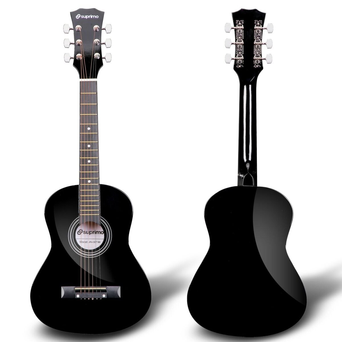 SUPRIMO JRA SET BK gitara akustyczna 1/4 czarna do nauki dla początkujących 3x kostka do gry pasek zapasowe struny pokrowiec tuner akordy zestaw
