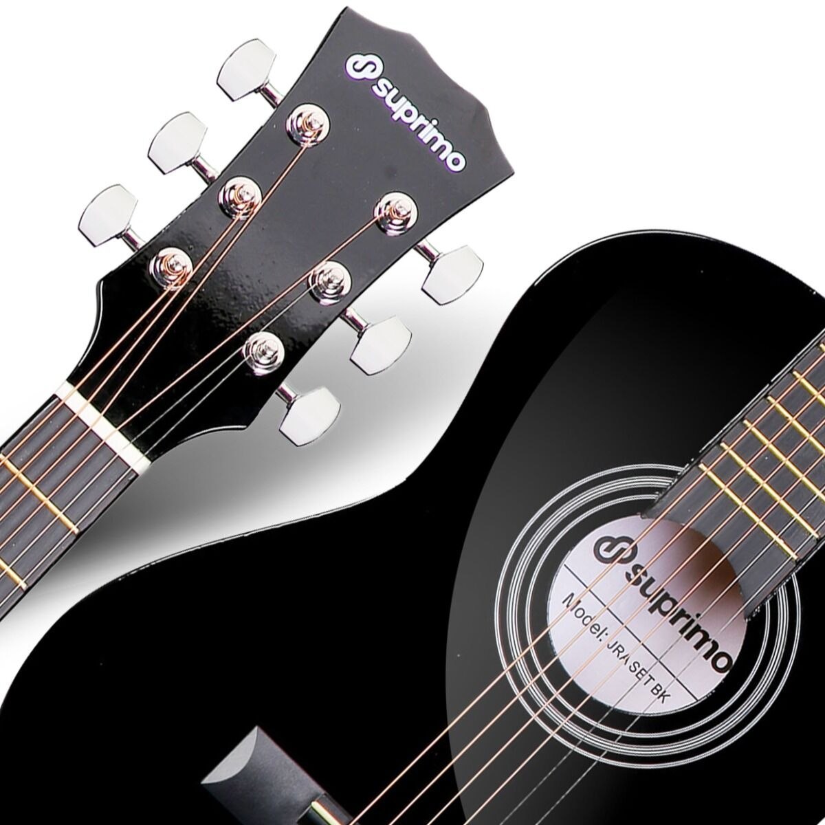 SUPRIMO JRA SET BK gitara akustyczna 1/4 czarna do nauki dla początkujących 3x kostka do gry pasek zapasowe struny pokrowiec tuner akordy zestaw