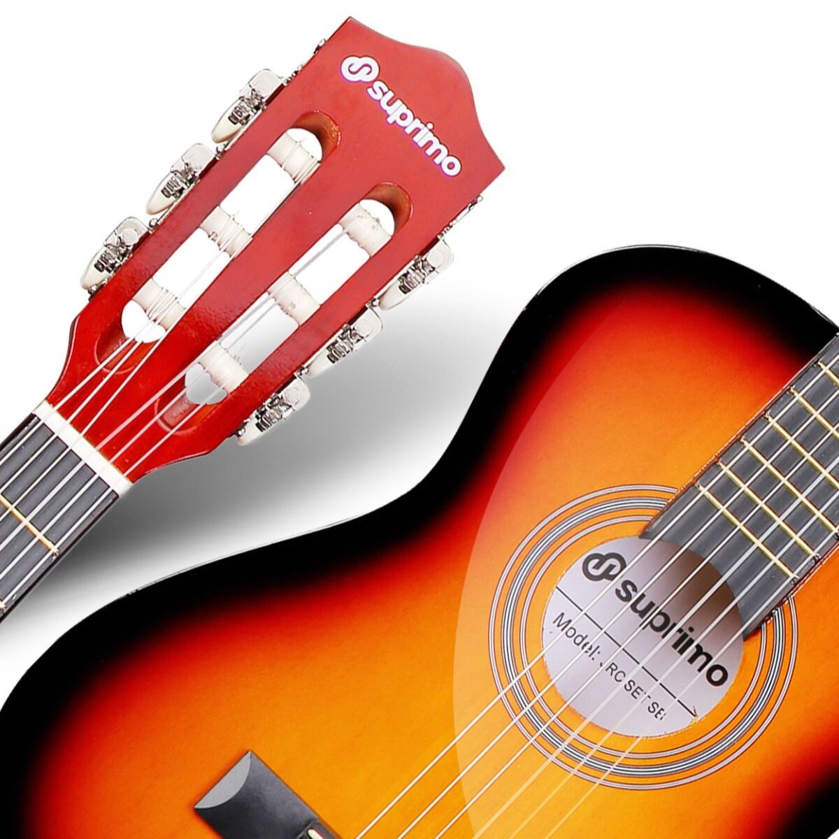 SUPRIMO JRC SET SB gitara klasyczna 1/4 sunburst do nauki dla początkujących 3x kostka do gry pasek zapasowe struny pokrowiec tuner akordy zestaw