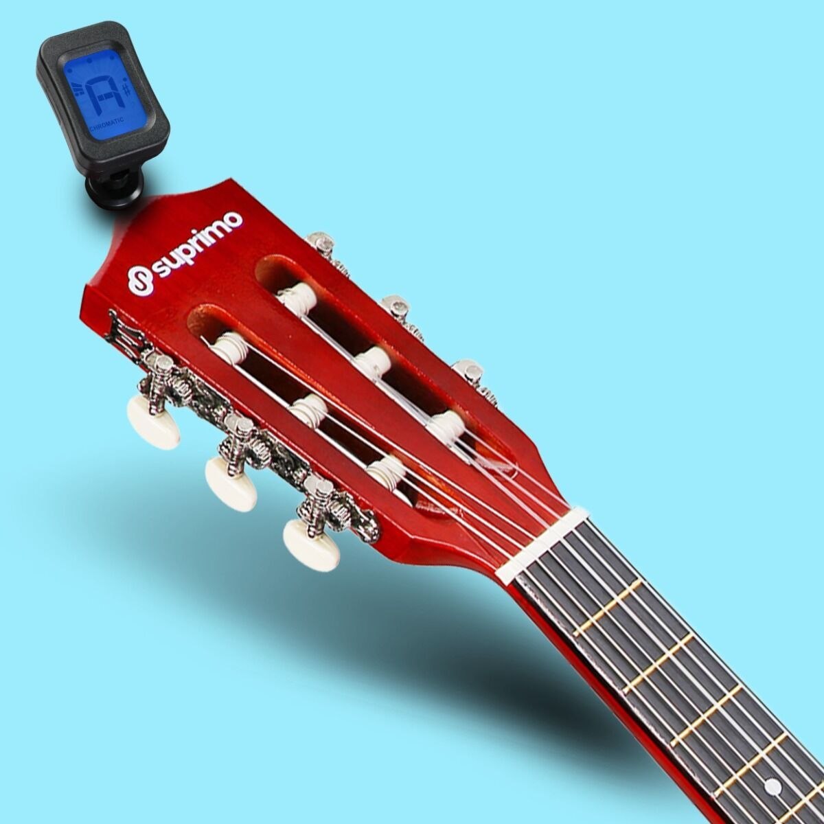SUPRIMO JRC SET SB gitara klasyczna 1/4 sunburst do nauki dla początkujących 3x kostka do gry pasek zapasowe struny pokrowiec tuner akordy zestaw