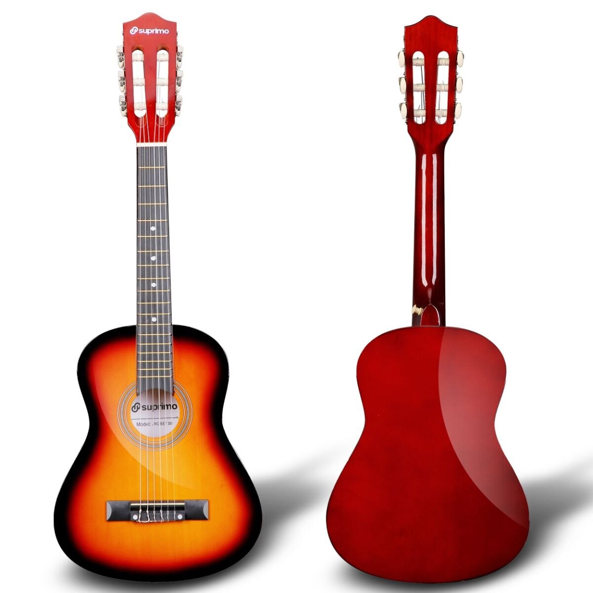 SUPRIMO JRC SET SB gitara klasyczna 1/4 sunburst do nauki dla początkujących 3x kostka do gry pasek zapasowe struny pokrowiec tuner akordy zestaw