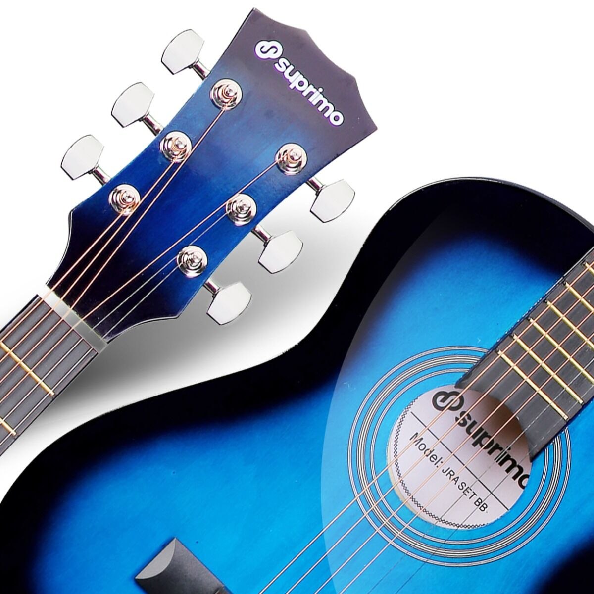 SUPRIMO JRA SET BB gitara akustyczna 1/4 blueburst do nauki dla początkujących 3x kostka do gry pasek zapasowe struny pokrowiec tuner akordy zestaw