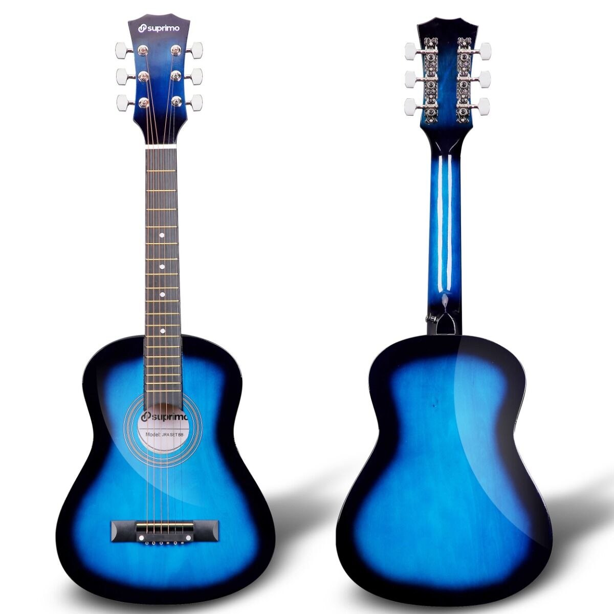 SUPRIMO JRA SET BB gitara akustyczna 1/4 blueburst do nauki dla początkujących 3x kostka do gry pasek zapasowe struny pokrowiec tuner akordy zestaw