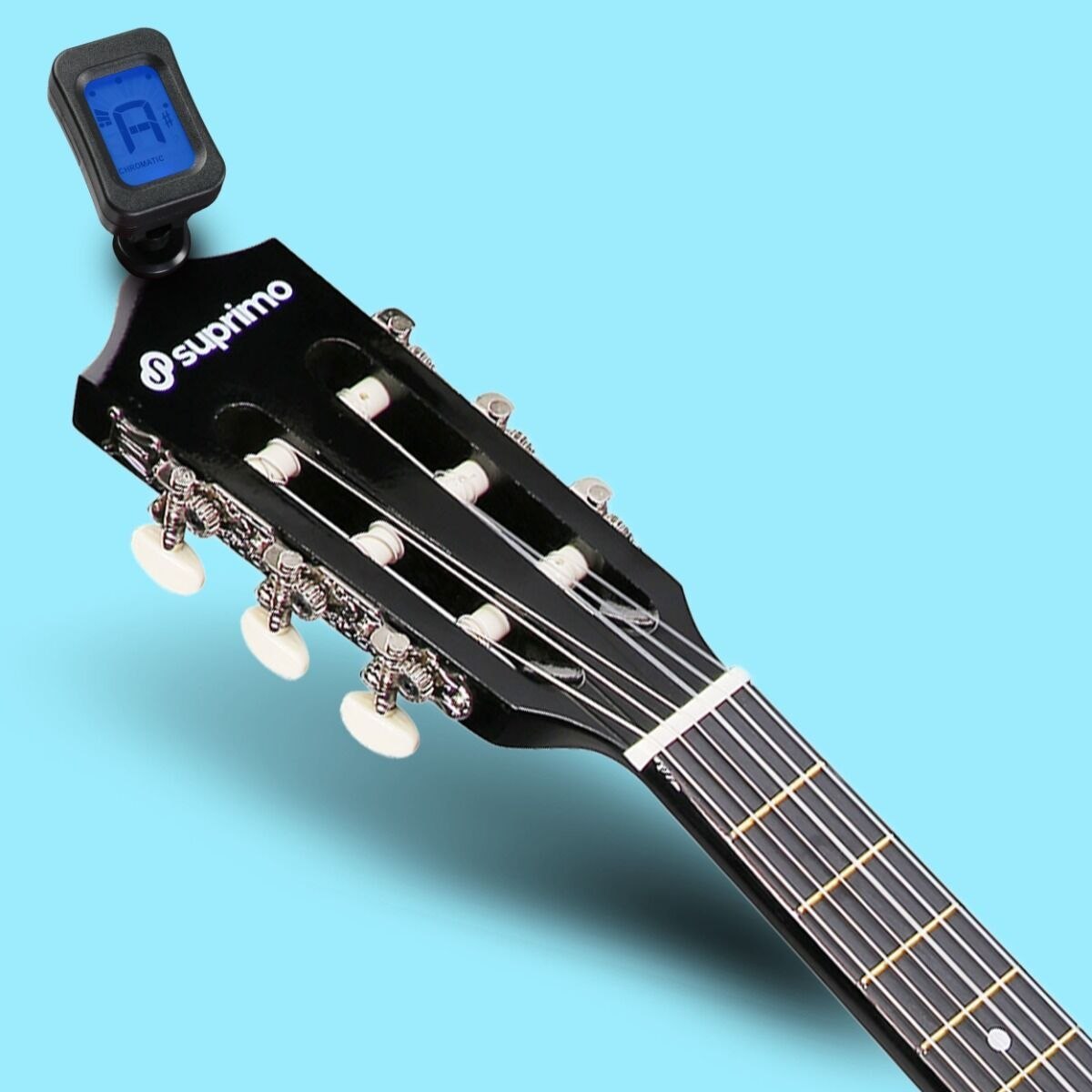 SUPRIMO JRC SET BK gitara klasyczna 1/4 czarna do nauki dla początkujących 3x kostka do gry pasek zapasowe struny pokrowiec tuner akordy zestaw