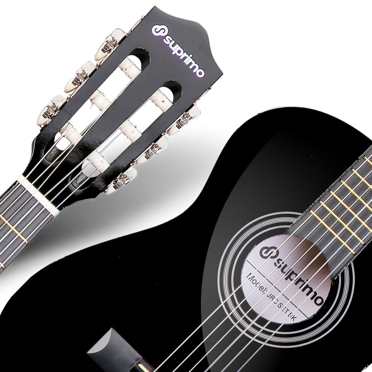 SUPRIMO JRC SET BK gitara klasyczna 1/4 czarna do nauki dla początkujących 3x kostka do gry pasek zapasowe struny pokrowiec tuner akordy zestaw
