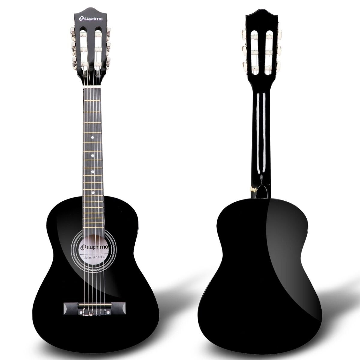SUPRIMO JRC SET BK gitara klasyczna 1/4 czarna do nauki dla początkujących 3x kostka do gry pasek zapasowe struny pokrowiec tuner akordy zestaw