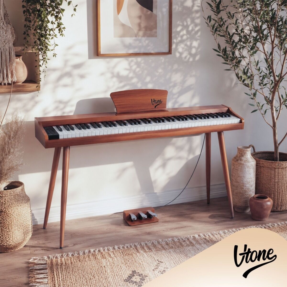 V-TONE BL-130 pianino cyfrowe czteronożne brązowe wolnostojące 88 klawiszy Bluetooth MIDI pulpit do nut 3 pedały pianinowe zasilanie sieciowe głośniki 3x wyjście słuchawkowe wejście audio zestaw