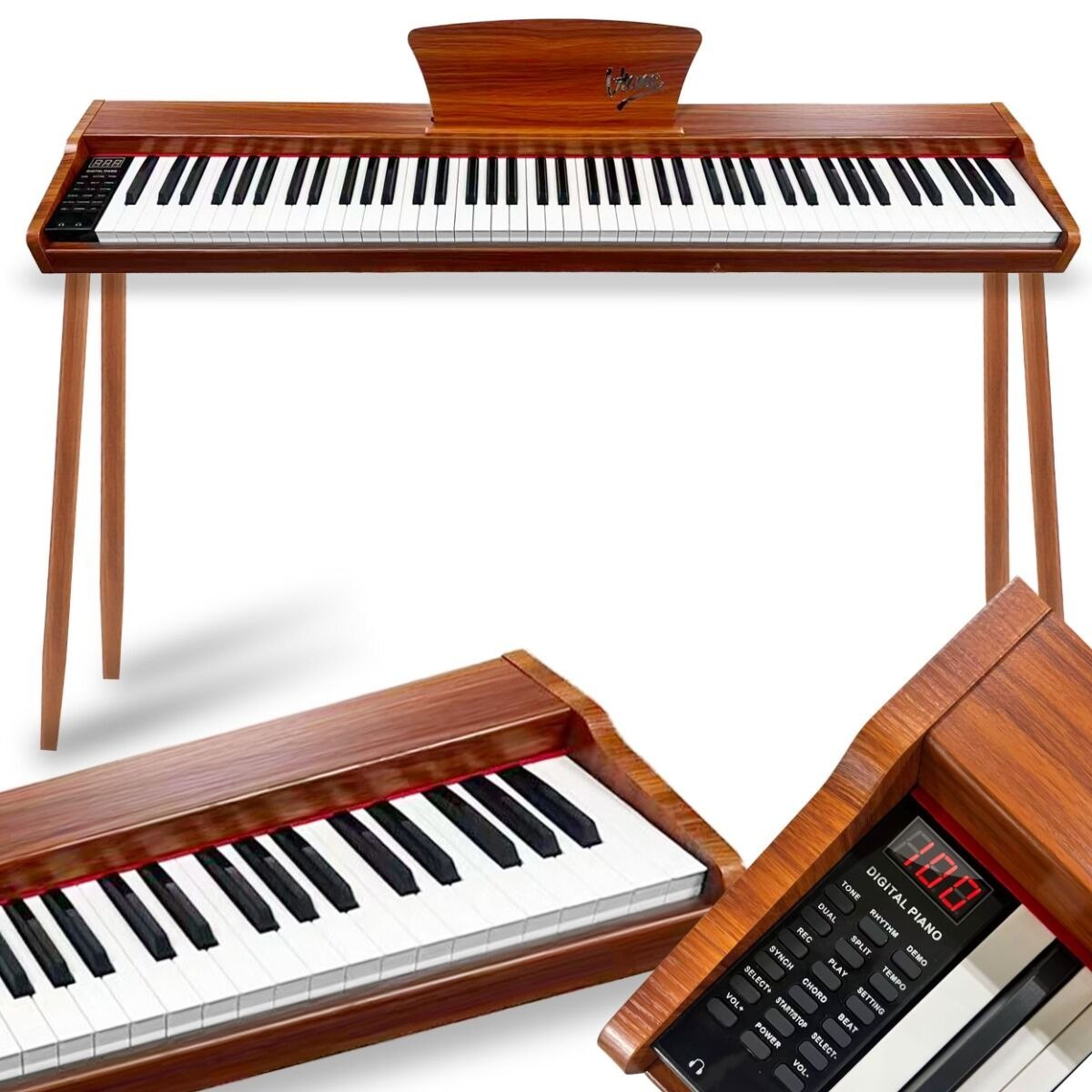 V-TONE BL-130 pianino cyfrowe czteronożne brązowe wolnostojące 88 klawiszy Bluetooth MIDI pulpit do nut 3 pedały pianinowe zasilanie sieciowe głośniki 3x wyjście słuchawkowe wejście audio zestaw