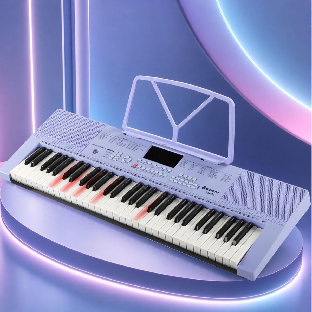 SUPRIMO ELK61 keyboard elektroniczny edukacyjny fioletowy 61 klawiszy podświetlana klawiatura instrument dla dzieci do nauki gry pulpit do nut mikrofon głośniki stereo wyjście słuchawkowe zestaw