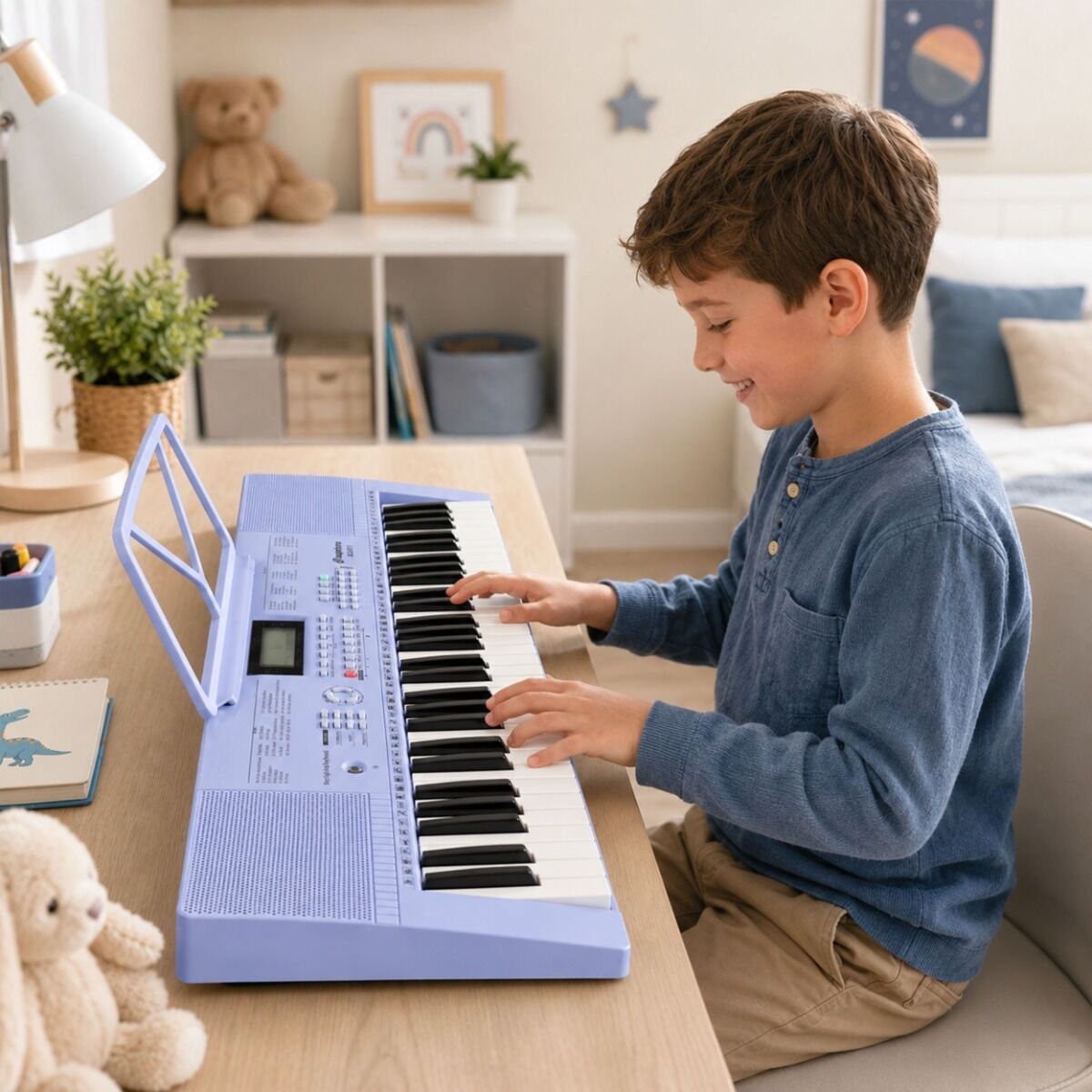 SUPRIMO ELK61 keyboard elektroniczny edukacyjny fioletowy 61 klawiszy podświetlana klawiatura instrument dla dzieci do nauki gry pulpit do nut mikrofon głośniki stereo wyjście słuchawkowe zestaw
