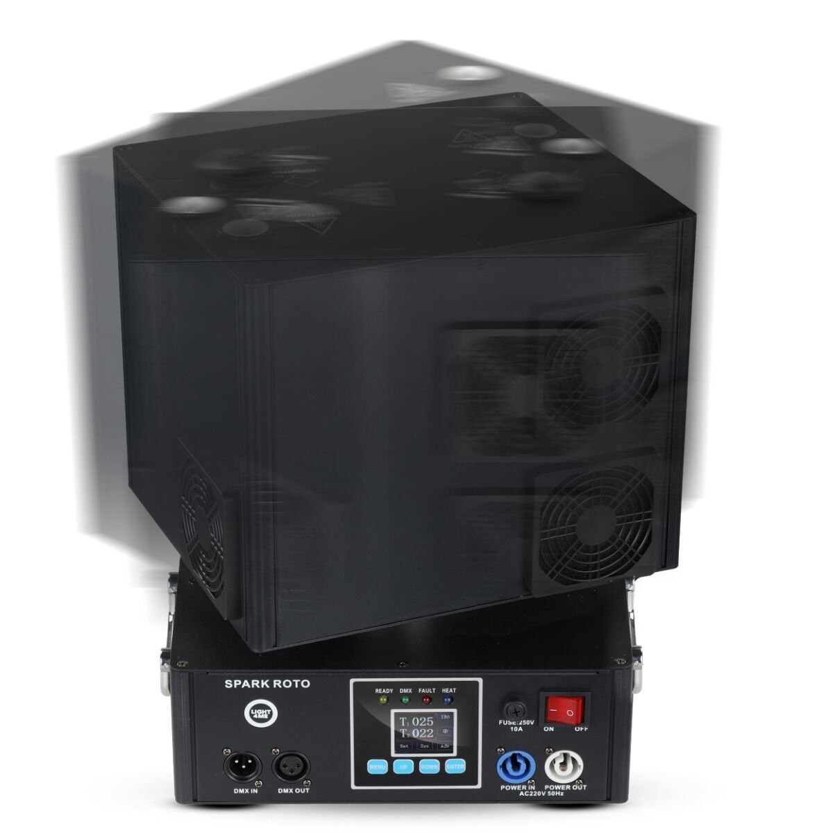 LIGHT4ME SPARK ROTO obrotowa wytwornica iskier maszyna do zimnych ogni 1300W DMX podwójna fontanna iskier do 5 metrów nieskończona rotacja efekty sekwencyjne pilot bezprzewodowy