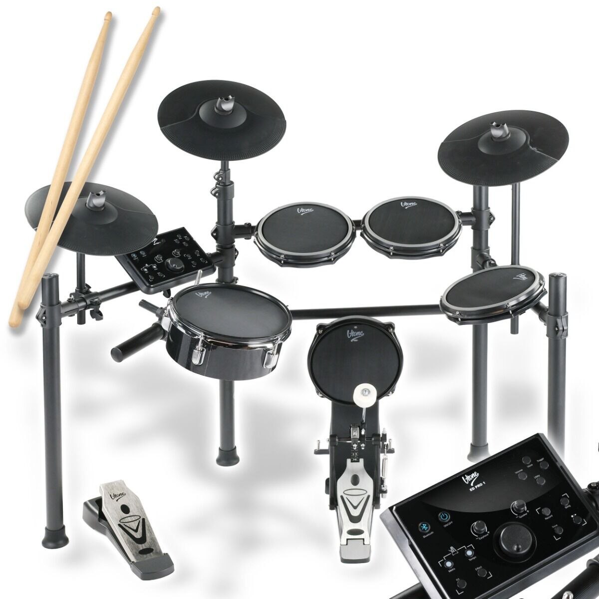 V-TONE ED PRO 1 perkusja elektroniczna zestaw perkusyjny 8-elementowy czarny AUX IN Bluetooth MIDI USB-B USB-C wyjście słuchawkowe wyjście audio stereo pałeczki perkusyjne