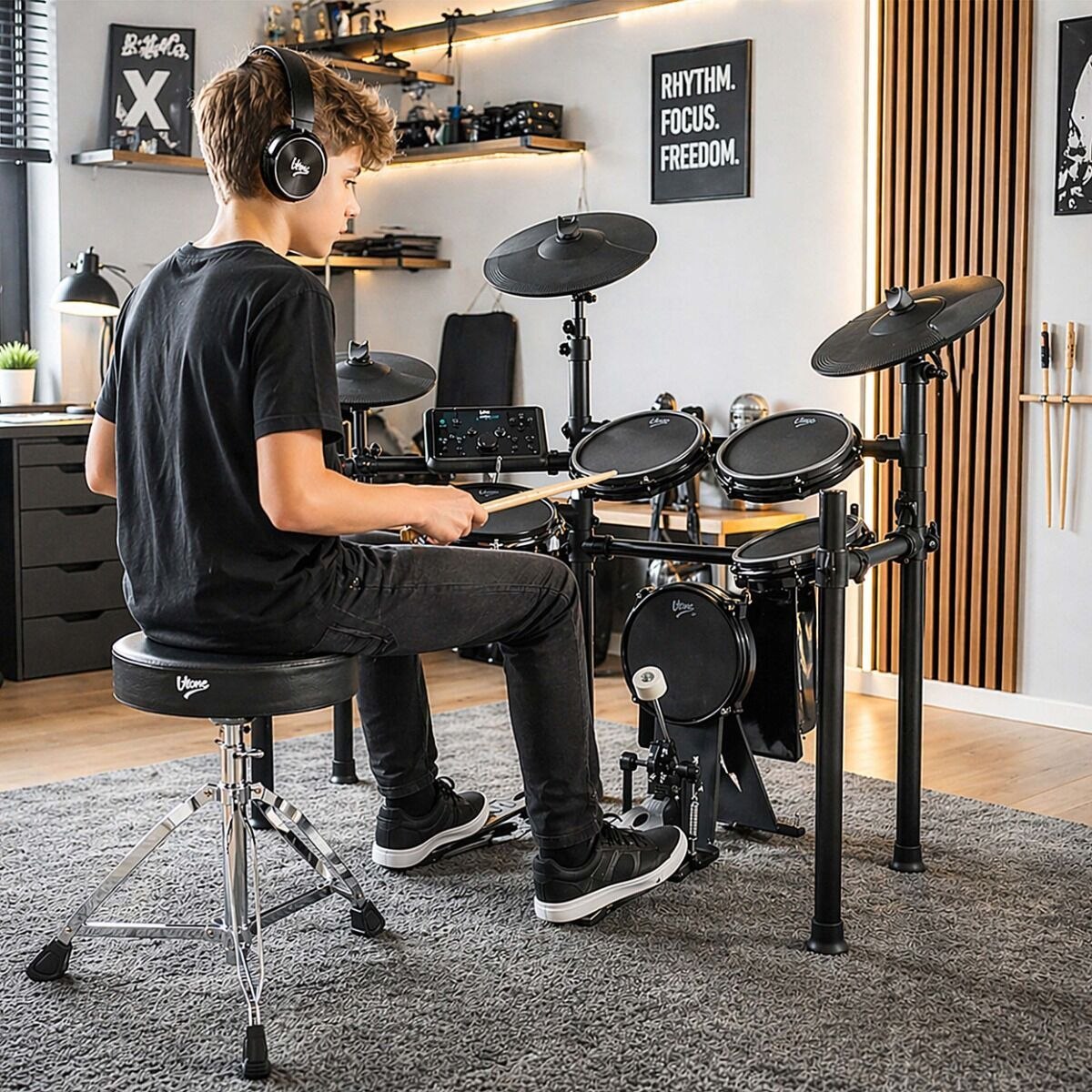 V-TONE ED PRO 1 perkusja elektroniczna zestaw perkusyjny 8-elementowy czarny AUX IN Bluetooth MIDI USB-B USB-C wyjście słuchawkowe wyjście audio stereo pałeczki perkusyjne