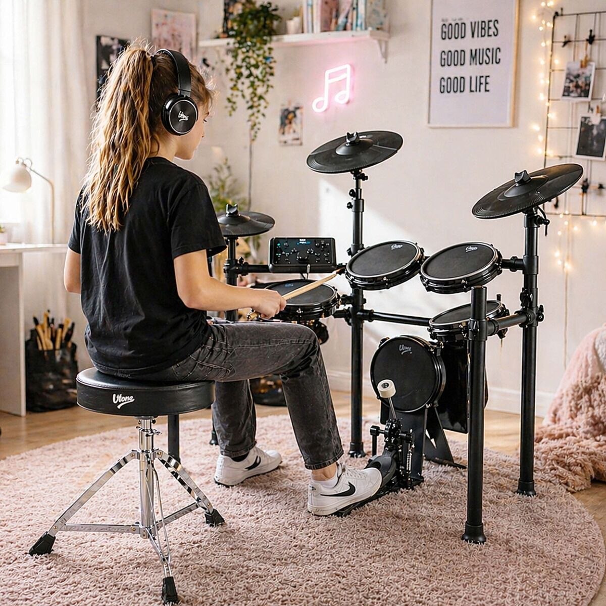 V-TONE ED PRO 1 perkusja elektroniczna zestaw perkusyjny 8-elementowy czarny AUX IN Bluetooth MIDI USB-B USB-C wyjście słuchawkowe wyjście audio stereo pałeczki perkusyjne