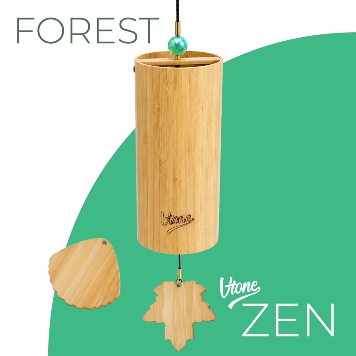 V-TONE ZEN FOREST dzwonek wietrzny wind chime dekoracja dźwiękowa tonacja G drewno bambusowe zielony koralik 2 zawieszki liść muszla 40,5 cm