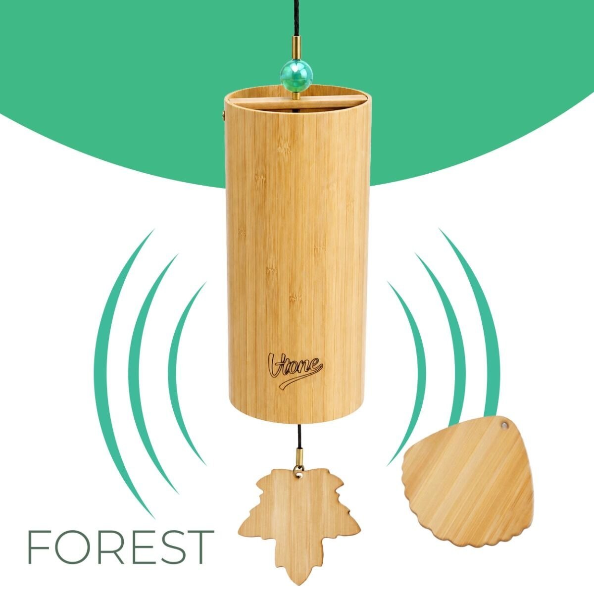 V-TONE ZEN FOREST dzwonek wietrzny wind chime dekoracja dźwiękowa tonacja G drewno bambusowe zielony koralik 2 zawieszki liść muszla 40,5 cm