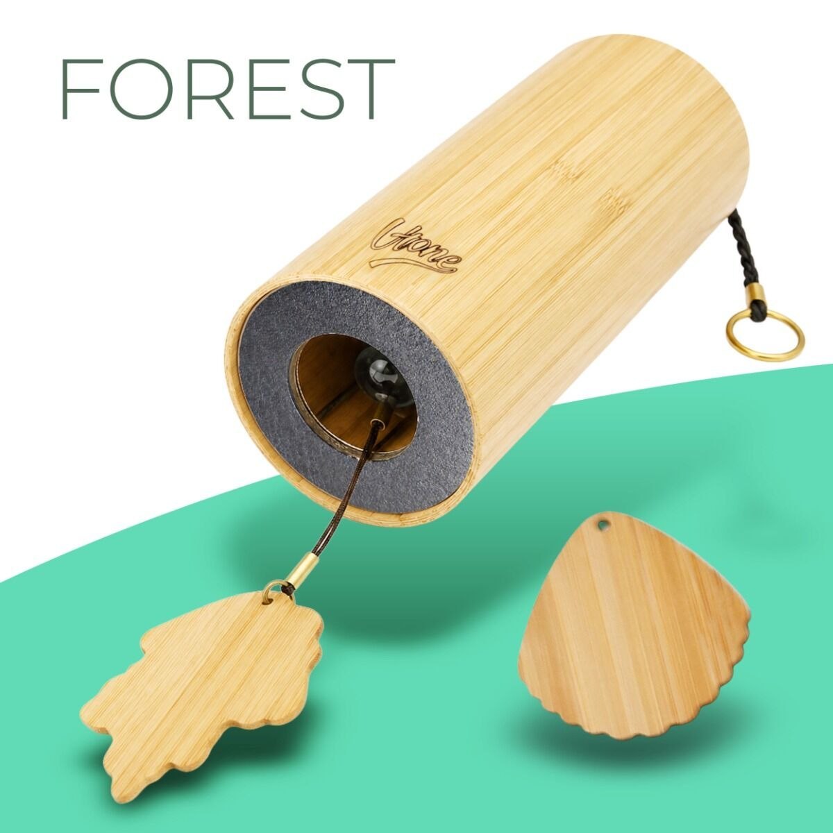 V-TONE ZEN FOREST dzwonek wietrzny wind chime dekoracja dźwiękowa tonacja G drewno bambusowe zielony koralik 2 zawieszki liść muszla 40,5 cm