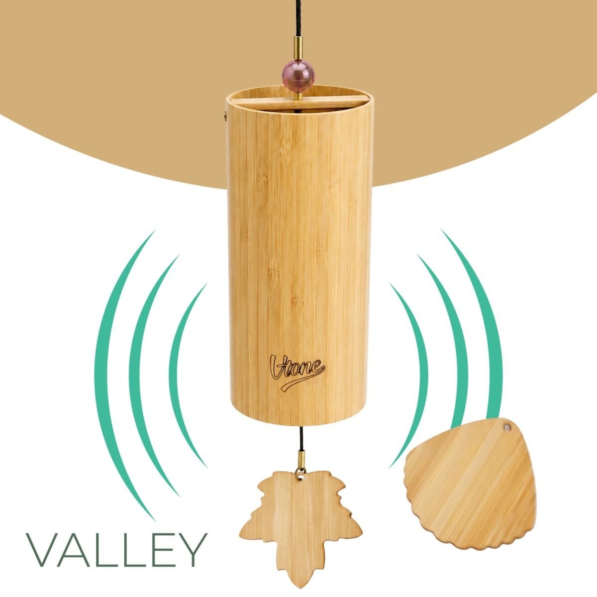 V-TONE ZEN VALLEY dzwonek wietrzny wind chime dekoracja dźwiękowa tonacja D drewno bambusowe żółto-różowy koralik 2 zawieszki liść muszla 40,5 cm