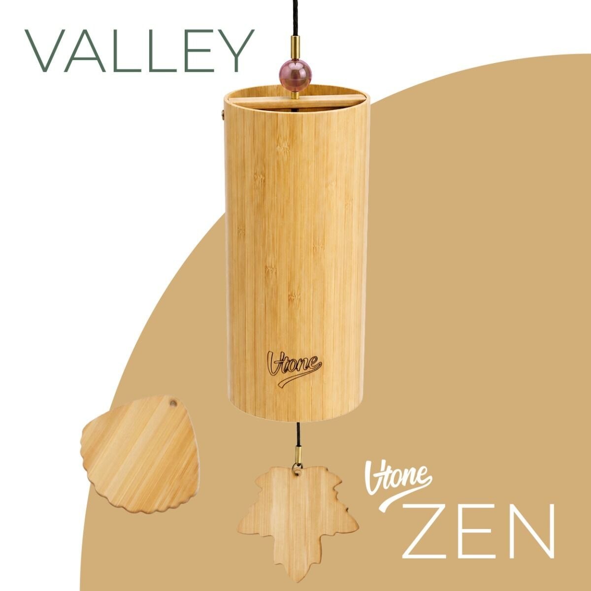 V-TONE ZEN VALLEY dzwonek wietrzny wind chime dekoracja dźwiękowa tonacja D drewno bambusowe żółto-różowy koralik 2 zawieszki liść muszla 40,5 cm