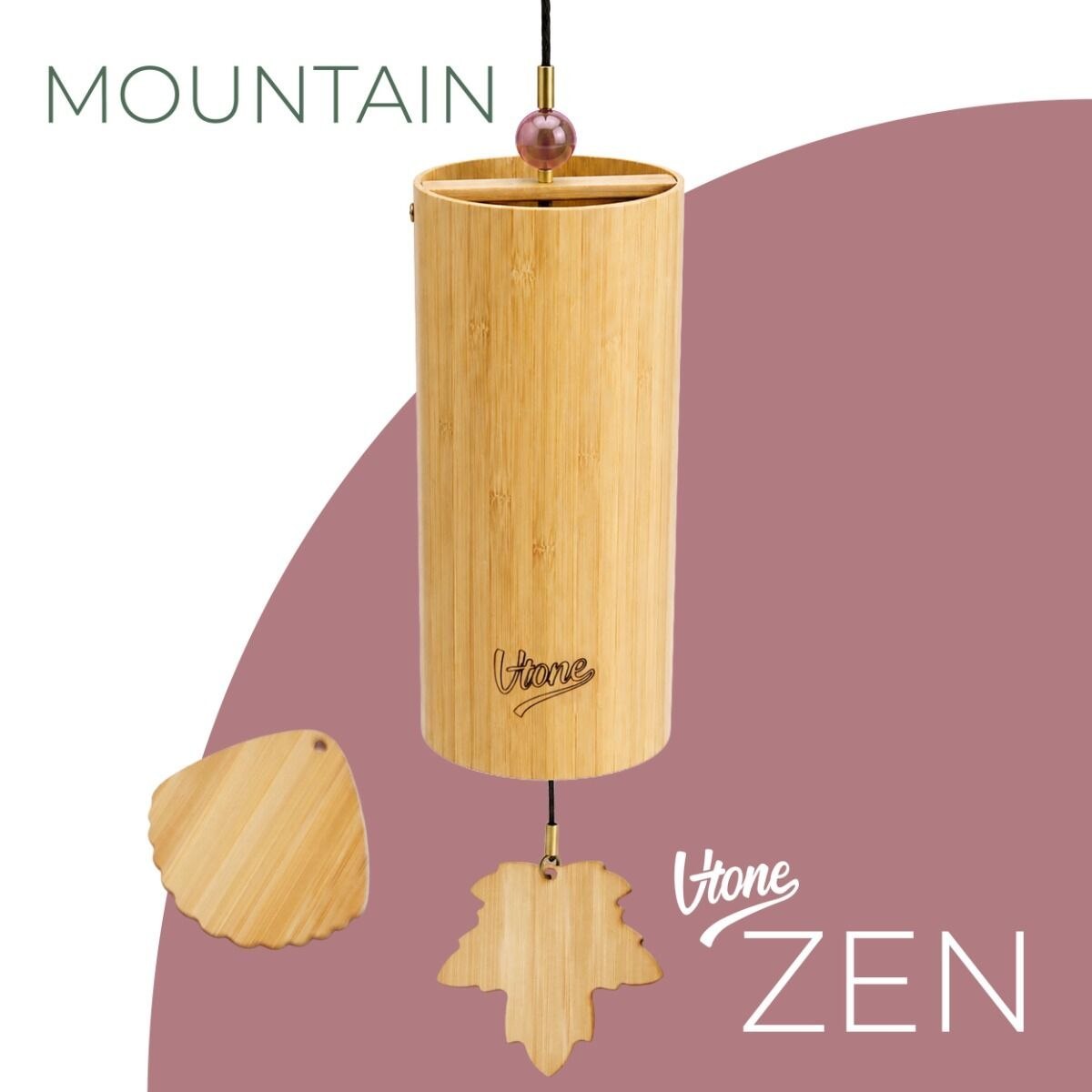 V-TONE ZEN MOUNTAIN dzwonek wietrzny wind chime dekoracja dźwiękowa tonacja C drewno bambusowe czerwony koralik 2 zawieszki liść muszla 40,5 cm