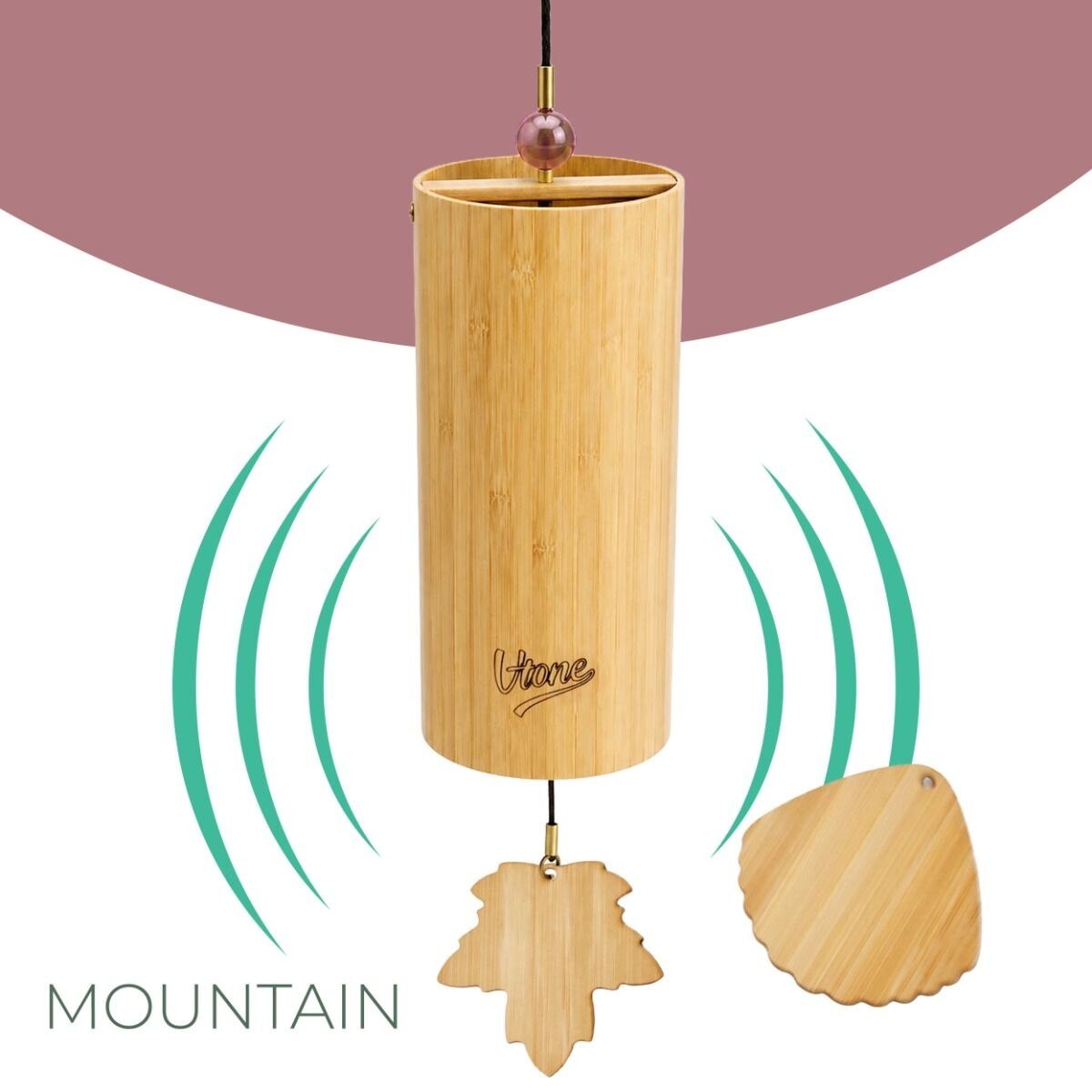 V-TONE ZEN MOUNTAIN dzwonek wietrzny wind chime dekoracja dźwiękowa tonacja C drewno bambusowe czerwony koralik 2 zawieszki liść muszla 40,5 cm