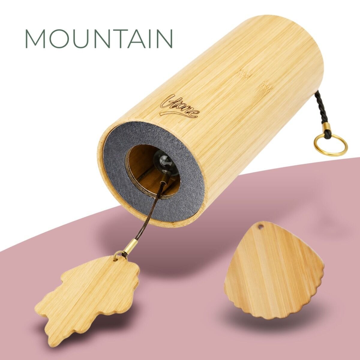 V-TONE ZEN MOUNTAIN dzwonek wietrzny wind chime dekoracja dźwiękowa tonacja C drewno bambusowe czerwony koralik 2 zawieszki liść muszla 40,5 cm