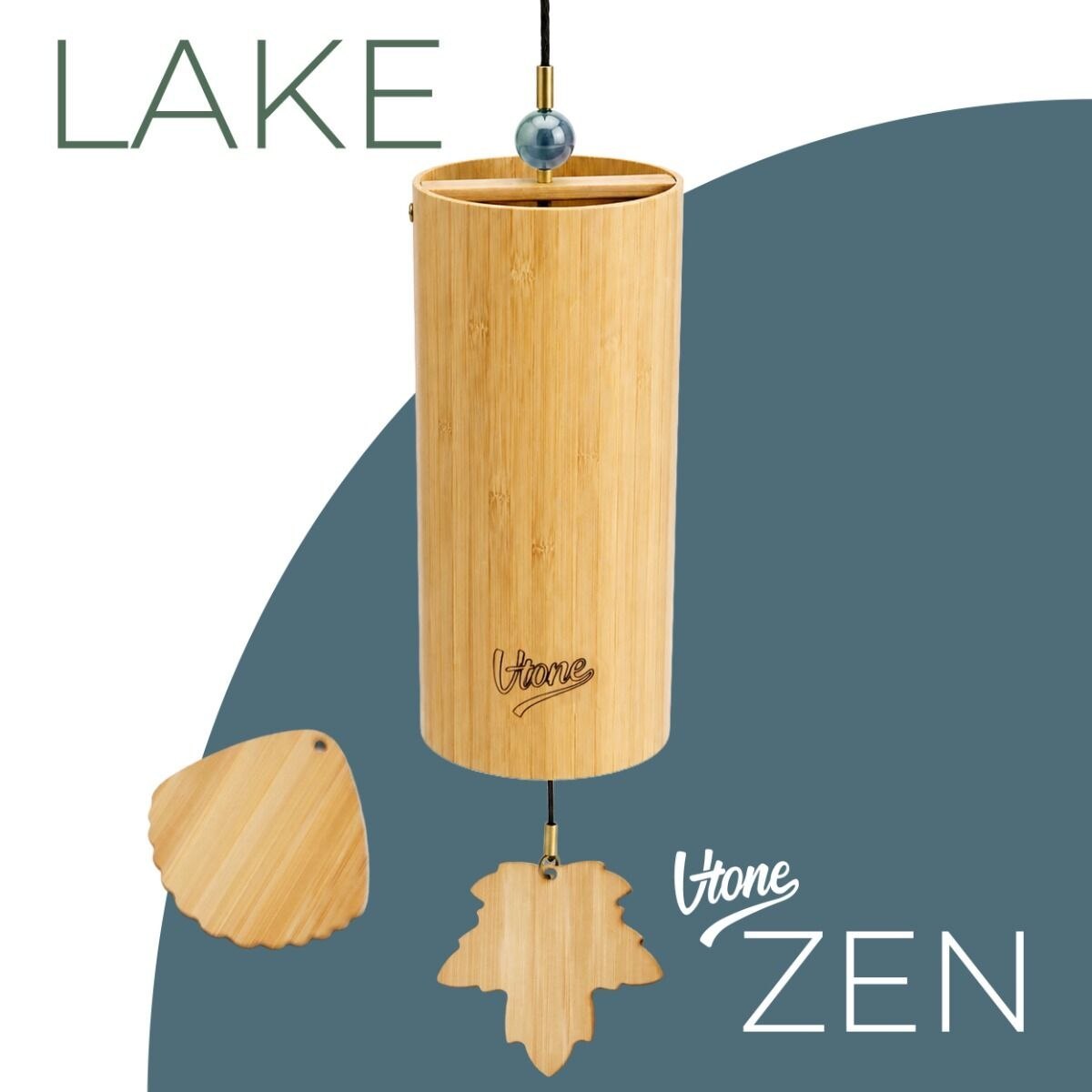 V-TONE ZEN LAKE dzwonek wietrzny wind chime dekoracja dźwiękowa tonacja F drewno bambusowe niebieski koralik 2 zawieszki liść muszla 40,5 cm