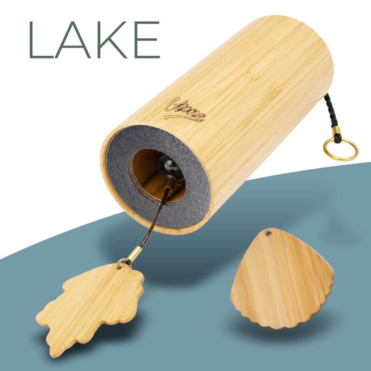 V-TONE ZEN LAKE dzwonek wietrzny wind chime dekoracja dźwiękowa tonacja F drewno bambusowe niebieski koralik 2 zawieszki liść muszla 40,5 cm