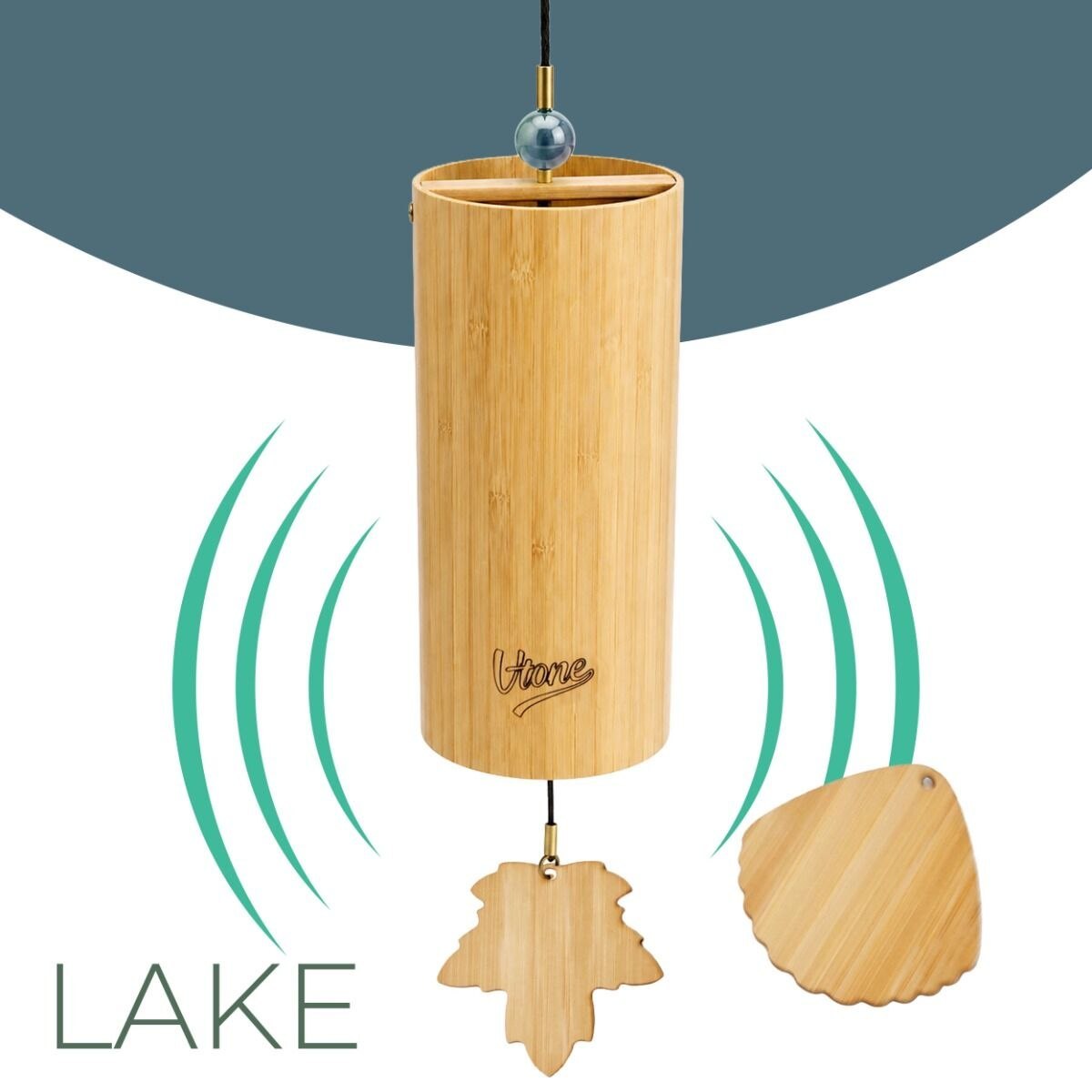 V-TONE ZEN LAKE dzwonek wietrzny wind chime dekoracja dźwiękowa tonacja F drewno bambusowe niebieski koralik 2 zawieszki liść muszla 40,5 cm