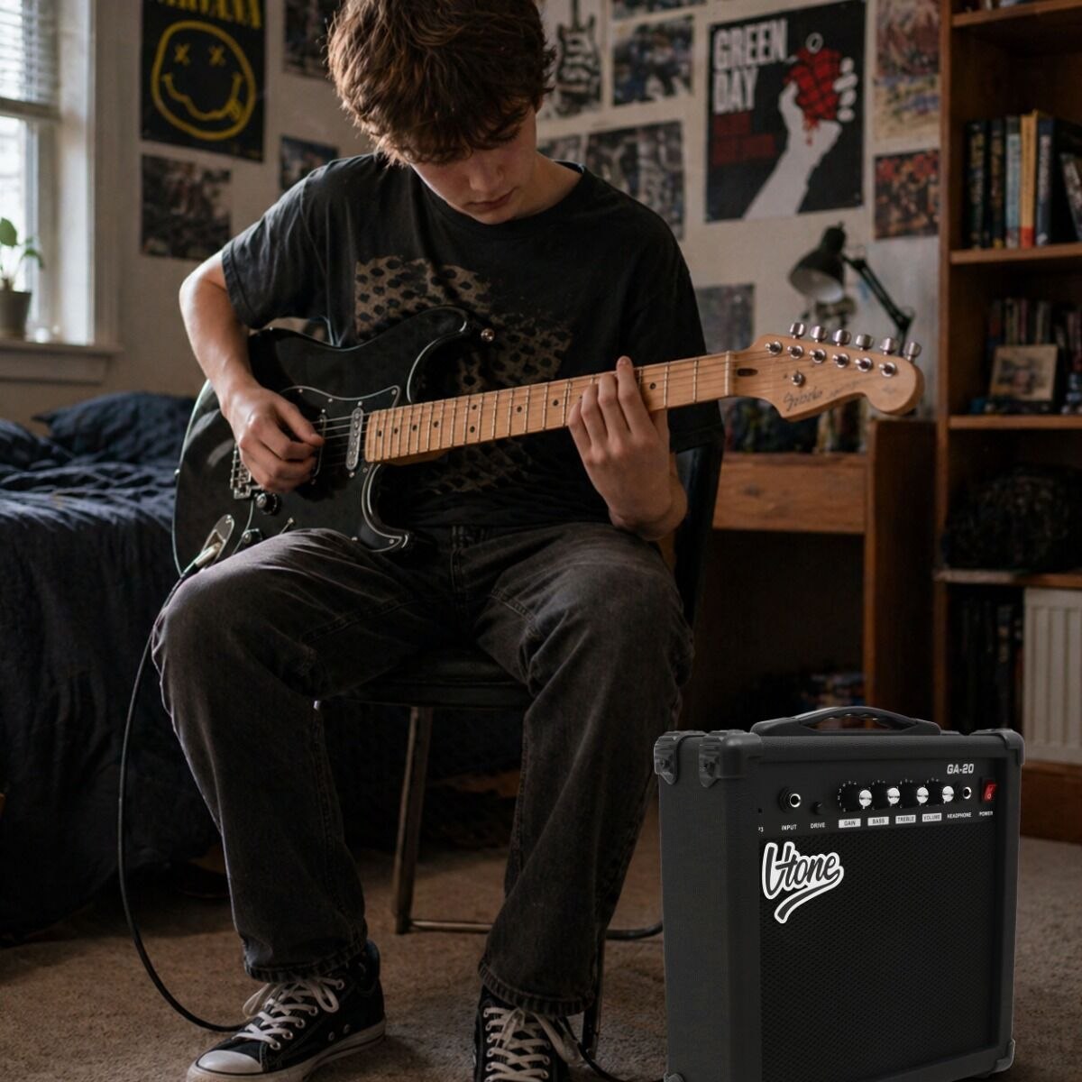 V-TONE AMP20 combo gitarowe wzmacniacz 20W do gitary elektrycznej tranzystorowy czarny efekt drive EQ AUX wyjście słuchawkowe