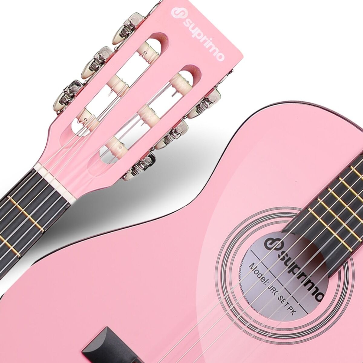 SUPRIMO JRC SET PK gitara klasyczna 1/4 różowa do nauki dla początkujących 3x kostka do gry pasek zapasowe struny pokrowiec tuner akordy zestaw