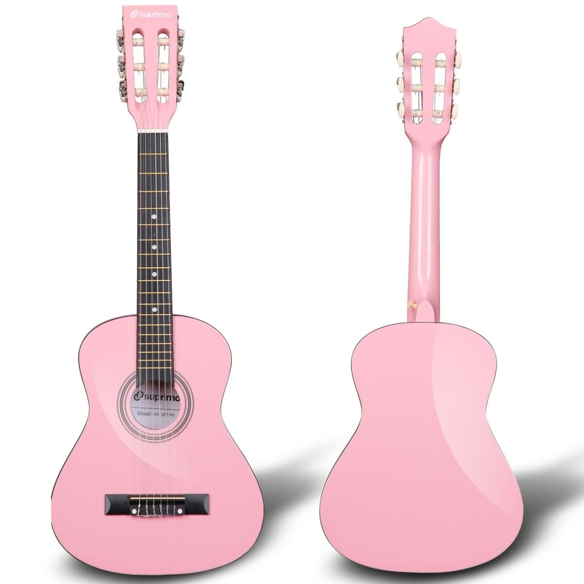 SUPRIMO JRC SET PK gitara klasyczna 1/4 różowa do nauki dla początkujących 3x kostka do gry pasek zapasowe struny pokrowiec tuner akordy zestaw