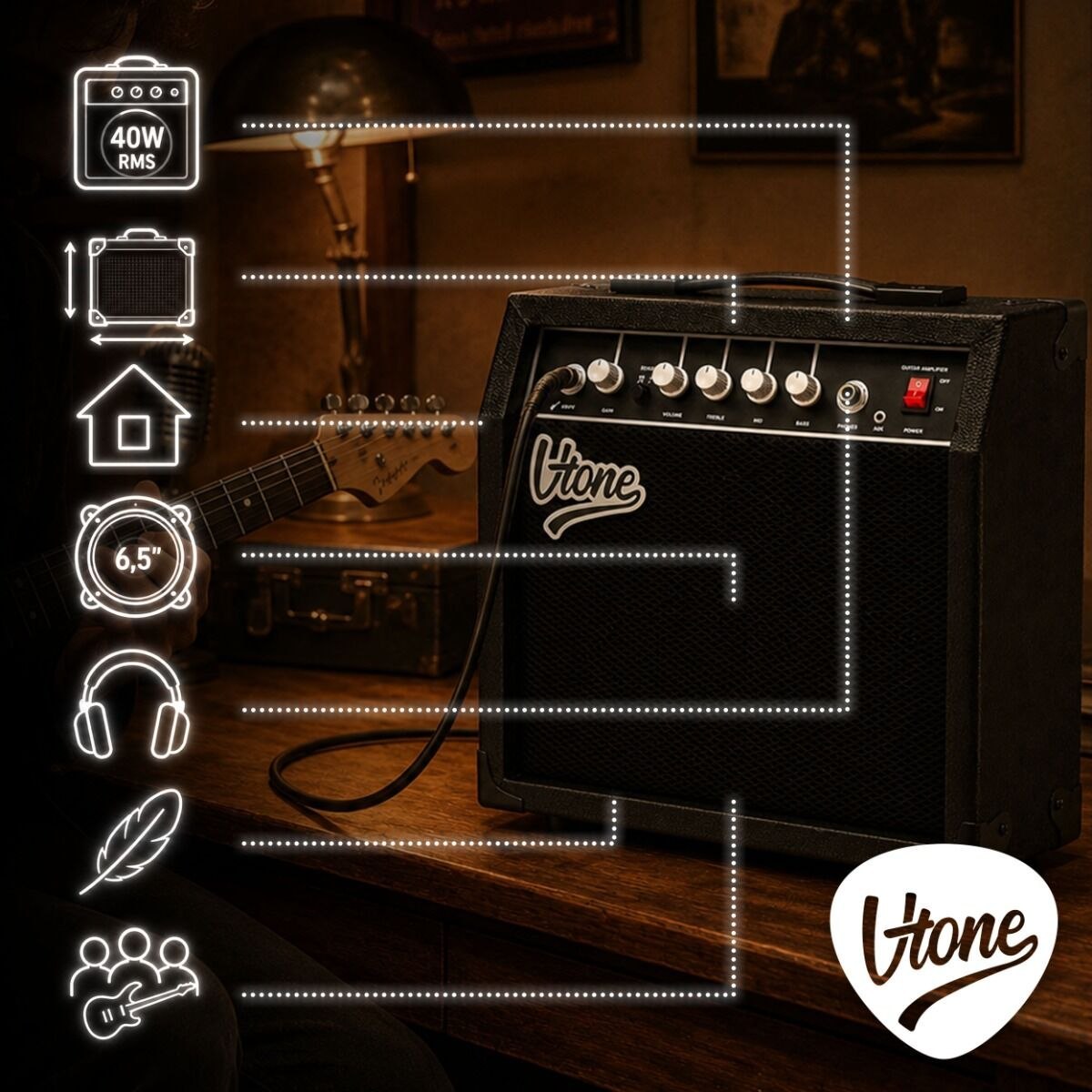 V-TONE AMP40 combo gitarowe wzmacniacz 40W do gitary elektrycznej tranzystorowy czarny efekt drive EQ AUX wyjście słuchawkowe