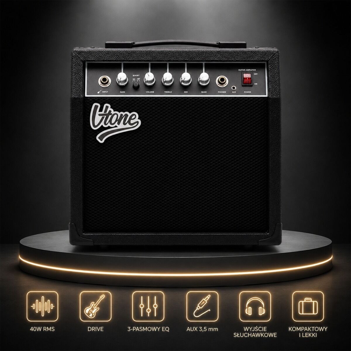 V-TONE AMP40 combo gitarowe wzmacniacz 40W do gitary elektrycznej tranzystorowy czarny efekt drive EQ AUX wyjście słuchawkowe