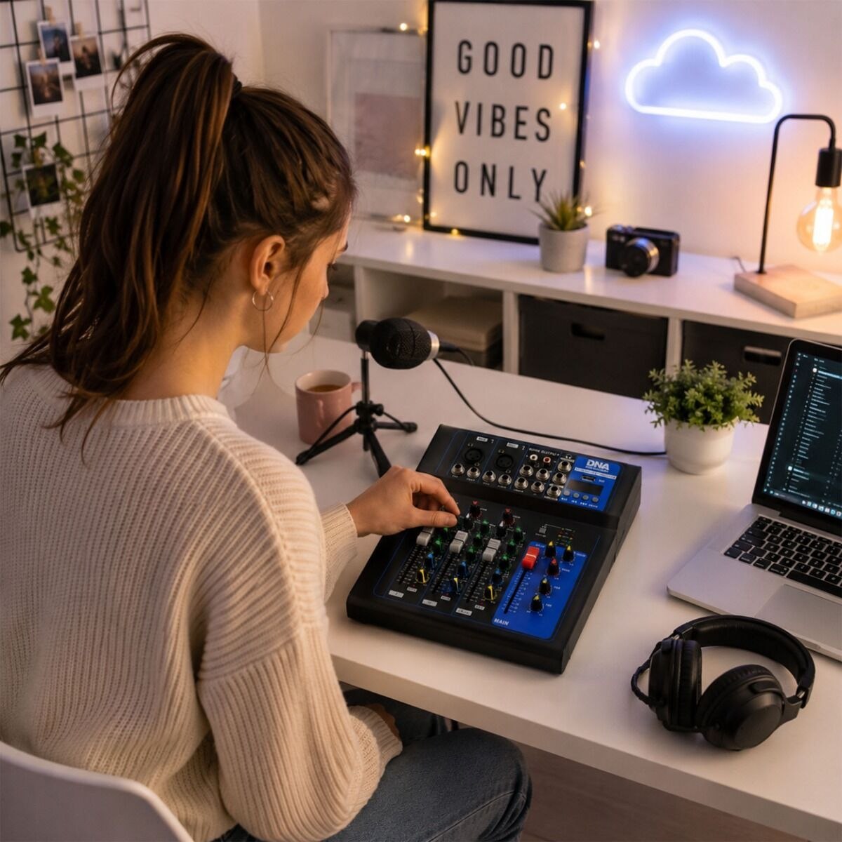DNA T4MIX analogowy mikser dźwięku 4-kanałowy Bluetooth EQ odtwarzacz MP3 nagrywanie USB Phantom +48V efekt pogłosu zasilanie sieciowe