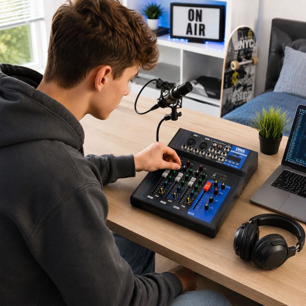 DNA T4MIX analogowy mikser dźwięku 4-kanałowy Bluetooth EQ odtwarzacz MP3 nagrywanie USB Phantom +48V efekt pogłosu zasilanie sieciowe