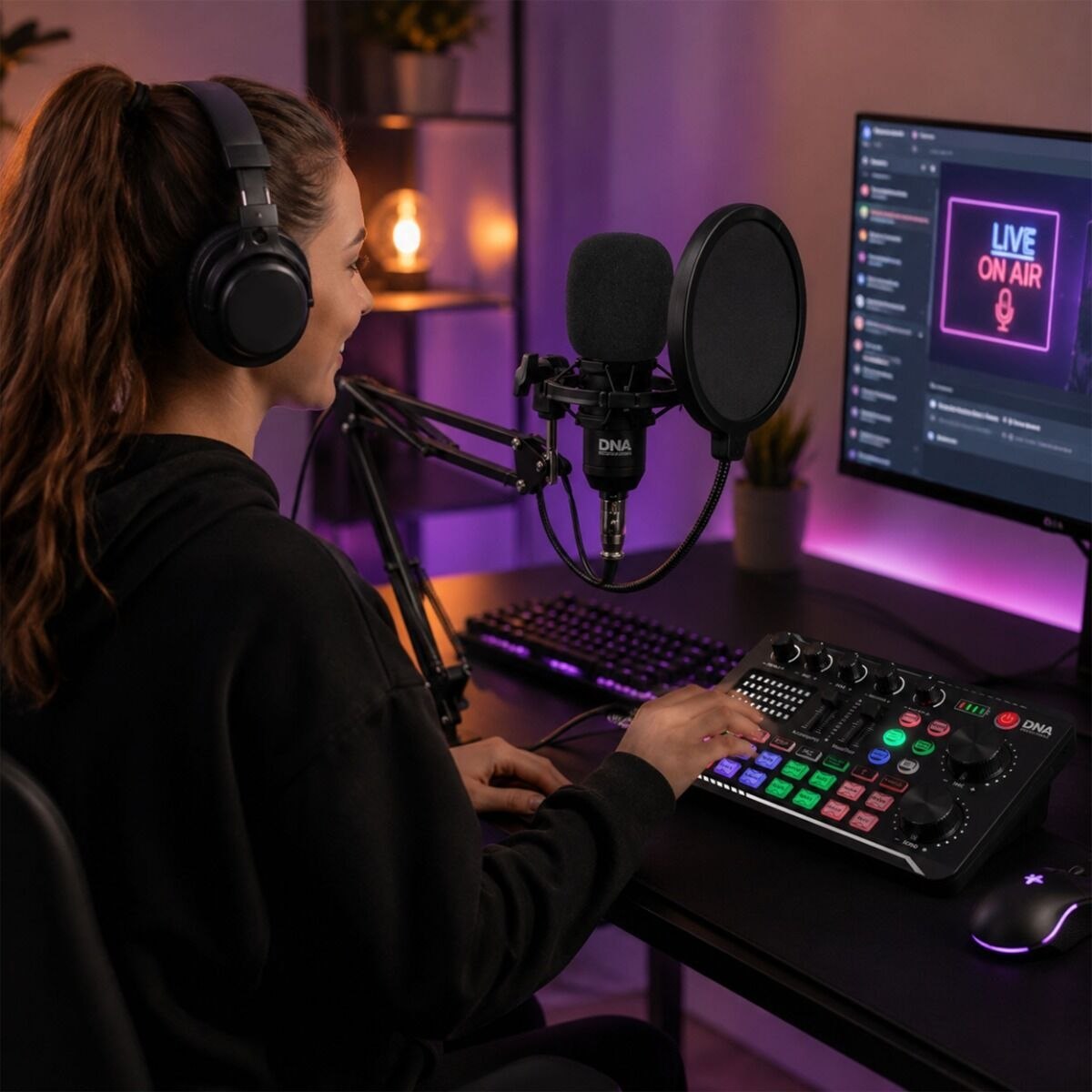 DNA STUDIO SET zewnętrzna karta dźwiękowa Bluetooth USB-C mikrofon pojemnościowy słuchawki statyw kosz antywstrząsowy osłona przeciwwietrzna pop filtr zestaw do streamingu nagrywania głosu transmisji live