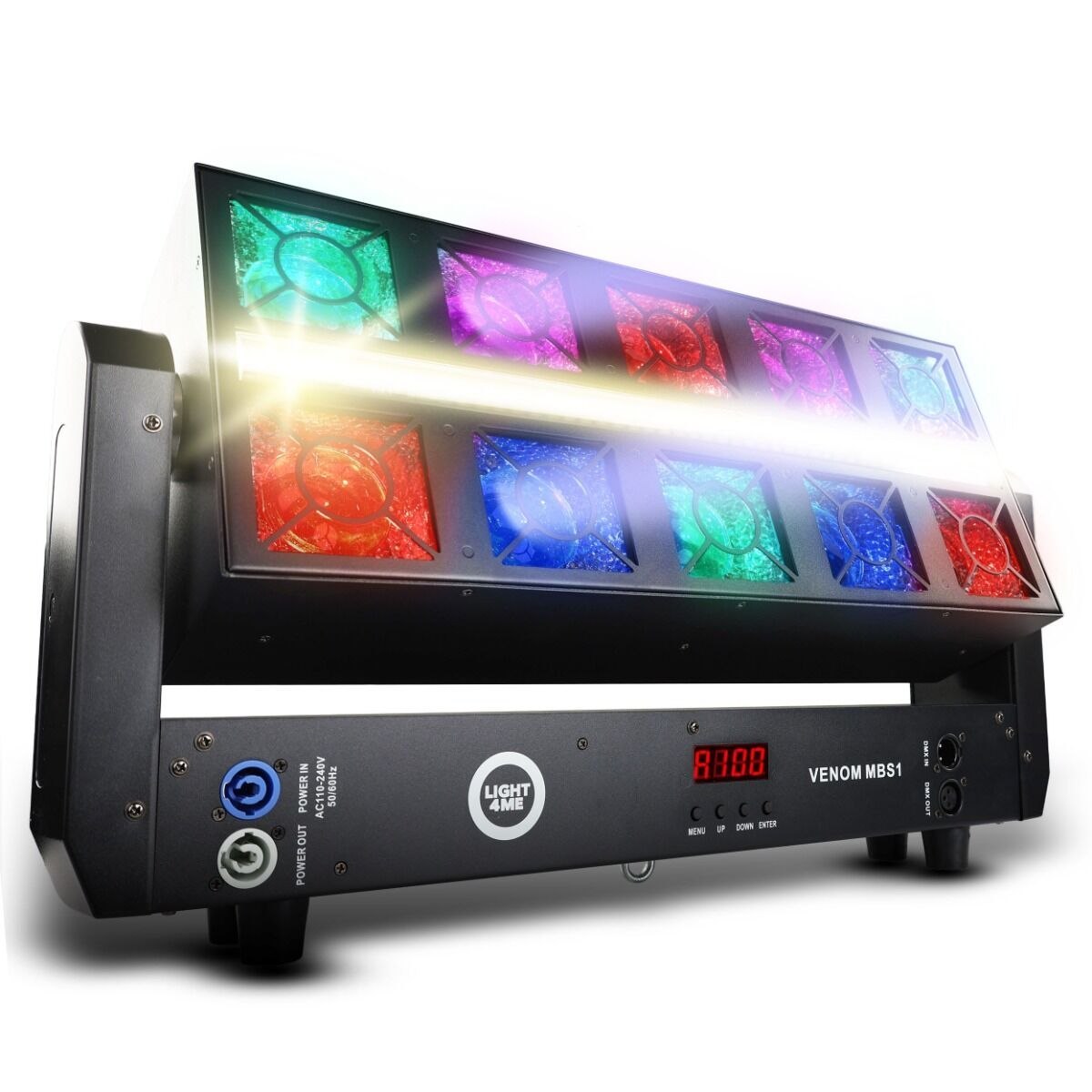 LIGHT4ME VENOM MBS1 ruchomy efekt oświetleniowy oświetlenie sceniczne stroboskop LED DMX efekt Beam 10x25W RGBW + efekt Glaze 160x0,4W RGBA SMD 5050 + efekt Cool White 96x0,5W CW SMD 7070 LED uchwyt montażowy omega