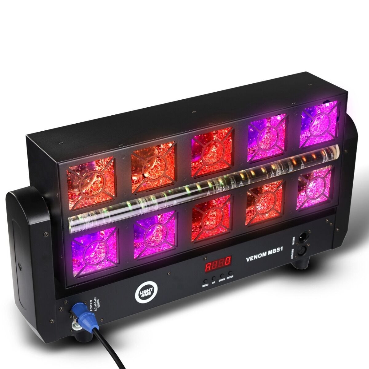 LIGHT4ME VENOM MBS1 ruchomy efekt oświetleniowy oświetlenie sceniczne stroboskop LED DMX efekt Beam 10x25W RGBW + efekt Glaze 160x0,4W RGBA SMD 5050 + efekt Cool White 96x0,5W CW SMD 7070 LED uchwyt montażowy omega