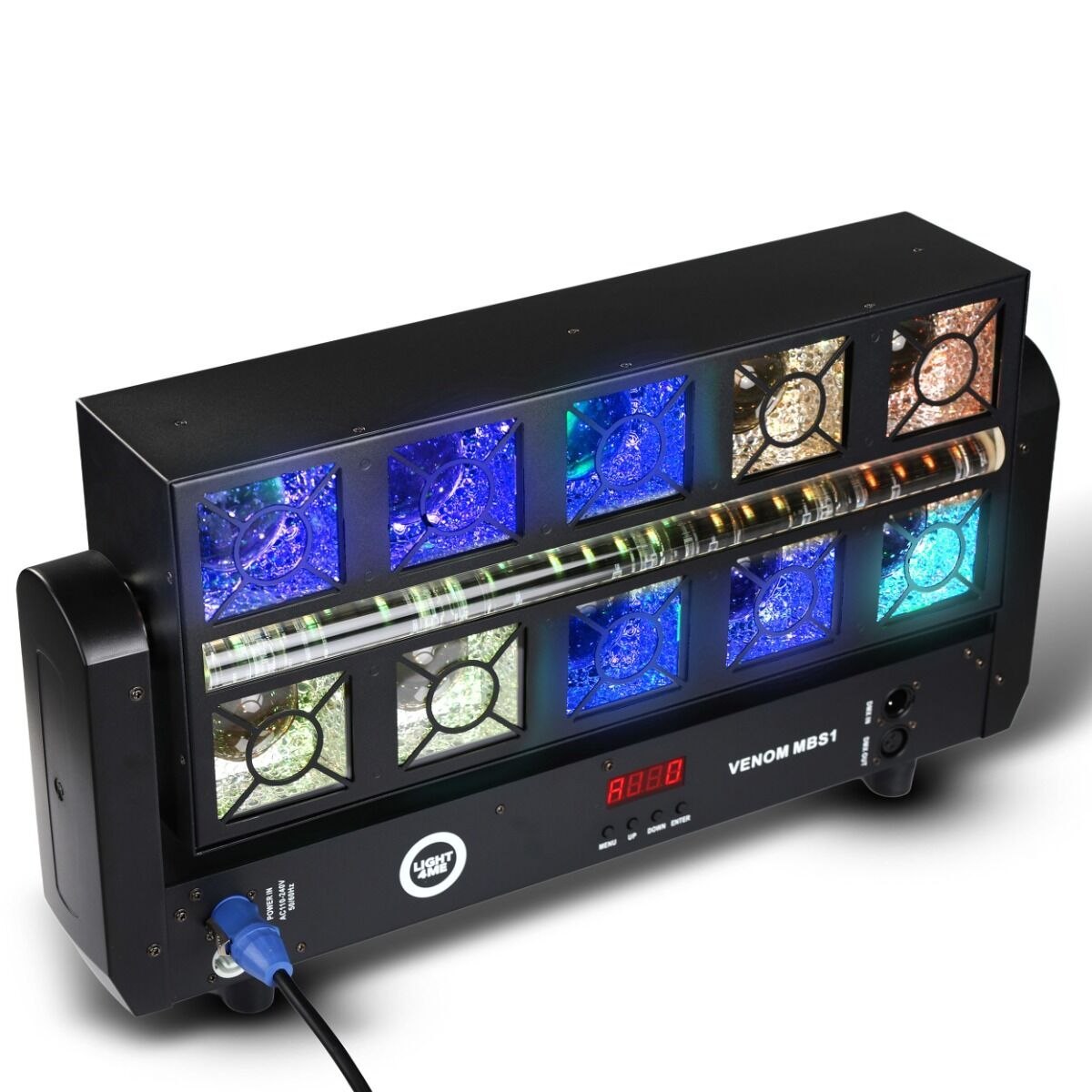 LIGHT4ME VENOM MBS1 ruchomy efekt oświetleniowy oświetlenie sceniczne stroboskop LED DMX efekt Beam 10x25W RGBW + efekt Glaze 160x0,4W RGBA SMD 5050 + efekt Cool White 96x0,5W CW SMD 7070 LED uchwyt montażowy omega