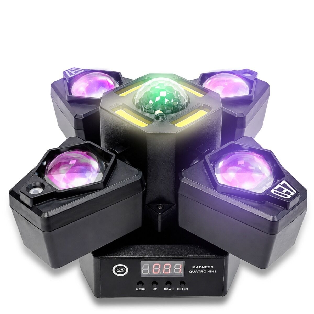 LIGHT4ME MADNESS QUATRO 4IN1 ruchomy multiefekt oświetleniowy oświetlenie sceniczne LED DMX Beam 16x3W R/G/B/W Magic Ball 10W RGBW laser czerwony 50 mW laser zielony 100 mW White Strobe 4x5W CW pilot bezprzewodowy uchwyt montażowy