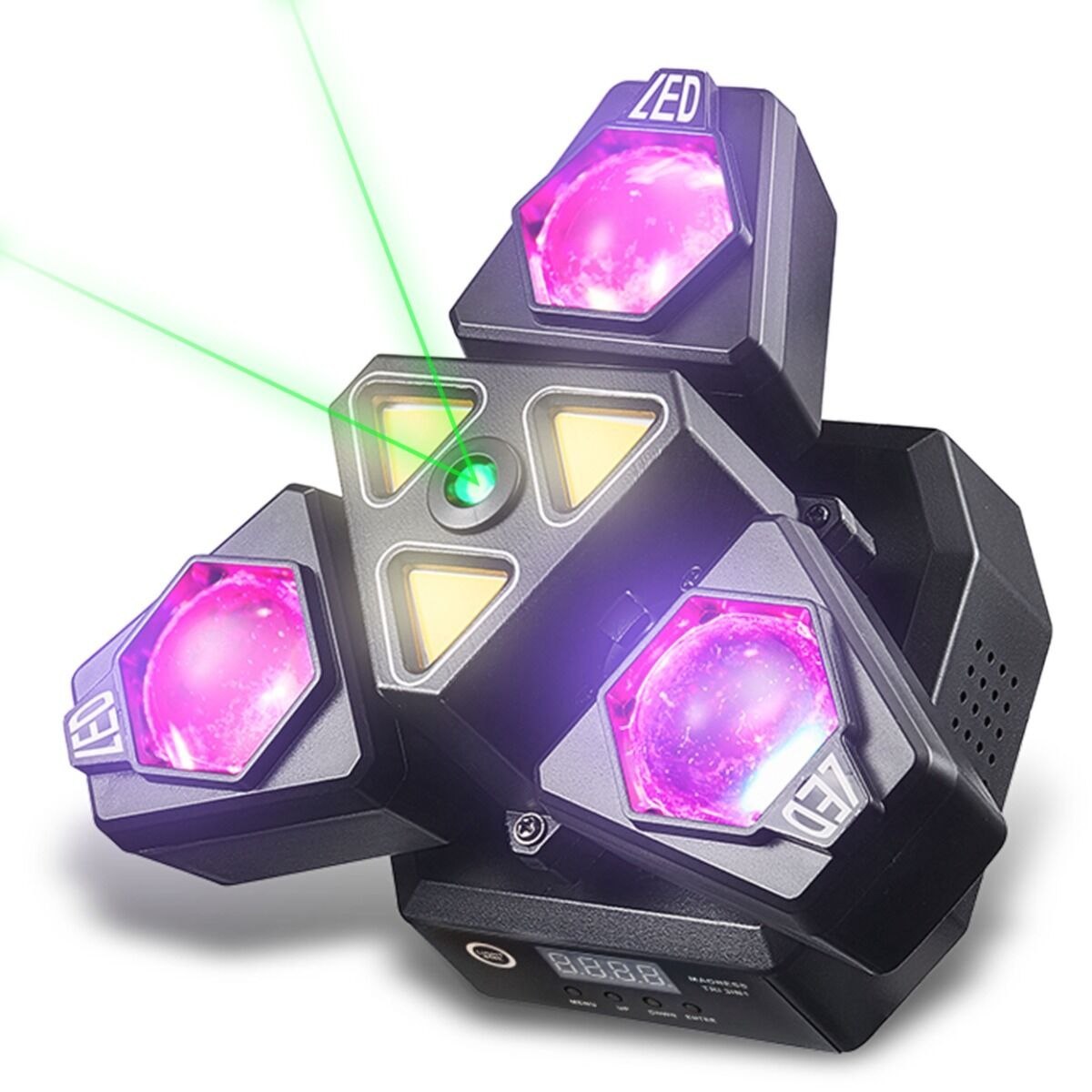 LIGHT4ME MADNESS TRI 3IN1 ruchomy multiefekt oświetleniowy oświetlenie sceniczne LED DMX Beam 12x3W R/G/B/W laser zielony 100 mW Golden Strobe 3x10W A pilot bezprzewodowy uchwyt montażowy